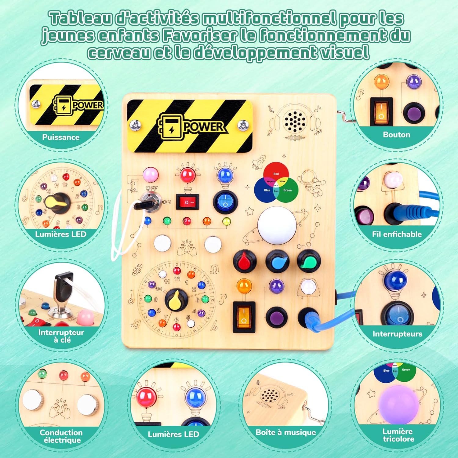 Thumbnail 1 de Busy Board Montessori en bois 1 an avec 12 interrupteurs et 24 lumières LED