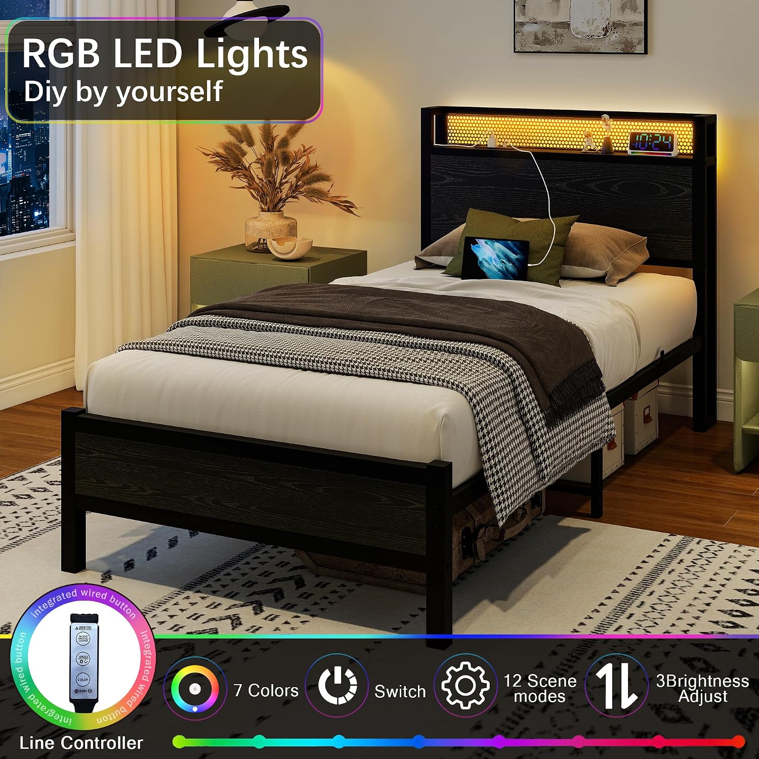 Detalle de Diolong 1012E Twin Bed Frame with RGB LED Lights and USB Charging Station