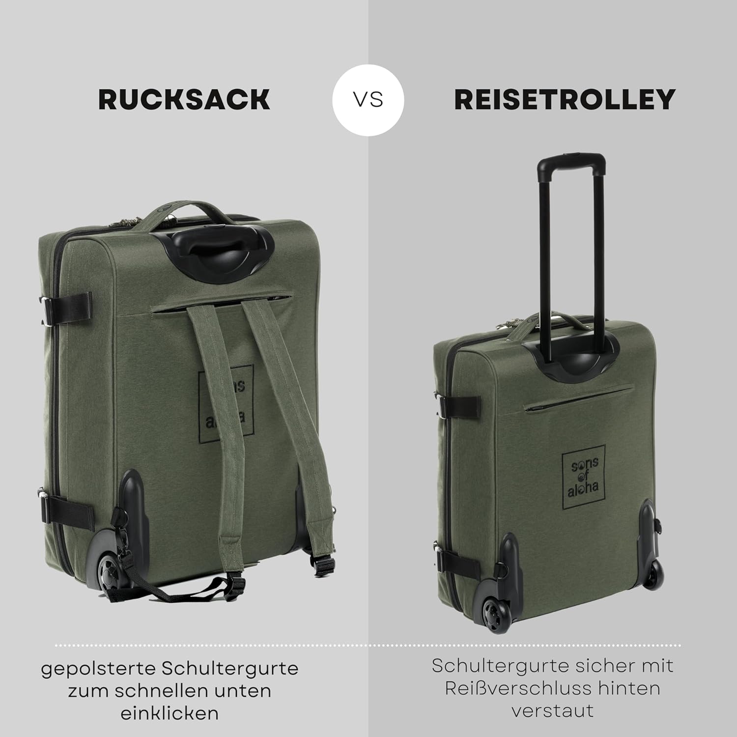 Detalle de SONS OF ALOHA Backpacker Rucksack mit Rollen 3 in 1 – 55 x 40 x 20 cm, grün-Olive