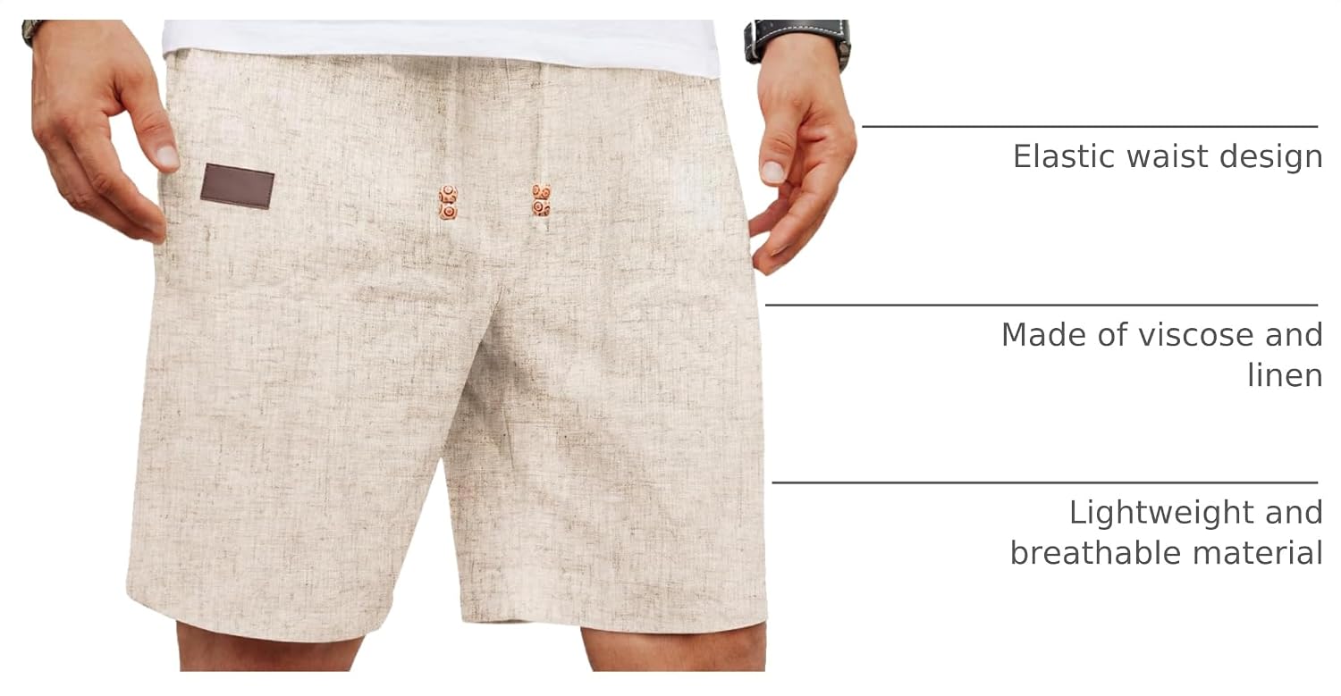 Detalle de COOFANDY Men’s Linen Casual Shorts with Elastic Waist and Drawstring Pockets