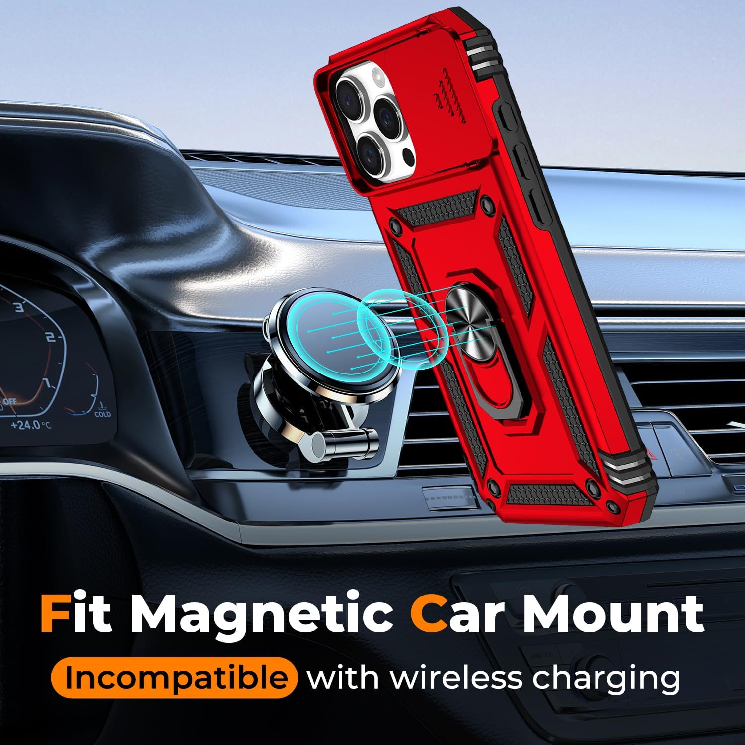 Detalle de HakkTaoo iPhone 16 Pro Max Case, Red, with Camera Cover and Ring Stand
