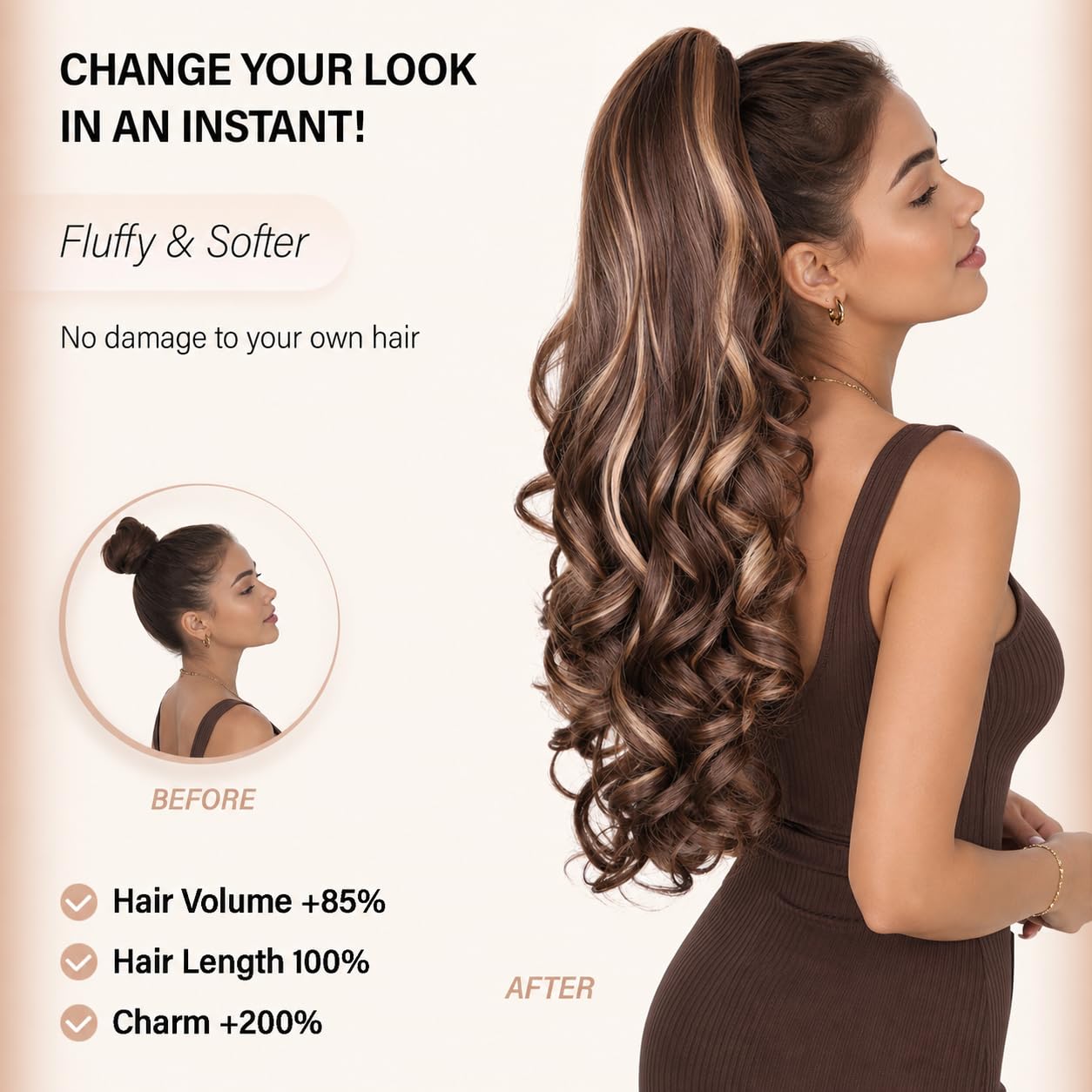 Detalle 2 de 24 Inch Clip-On Ponytail Extension for Women in Chestnut Brown With Golden Highlights