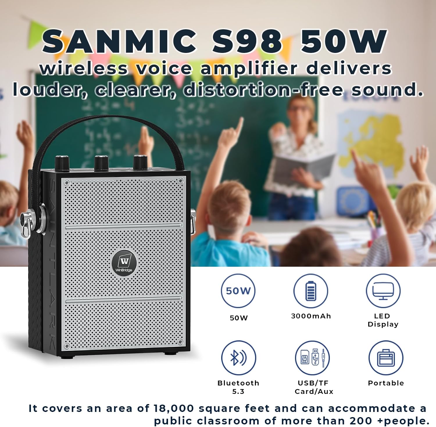 Detalle de SANMIC S98 Voice Amplifier with Wireless Headset Mic, Bluetooth and LED Screen