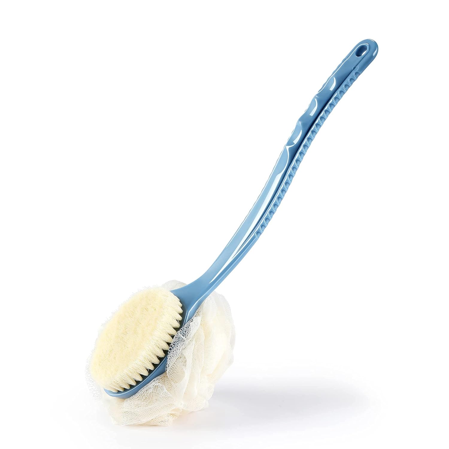 Detalle de MUNTI 2-in-1 Shower Back Scrubber: Bristle + Loofah with Curved Long Handle (Blue)