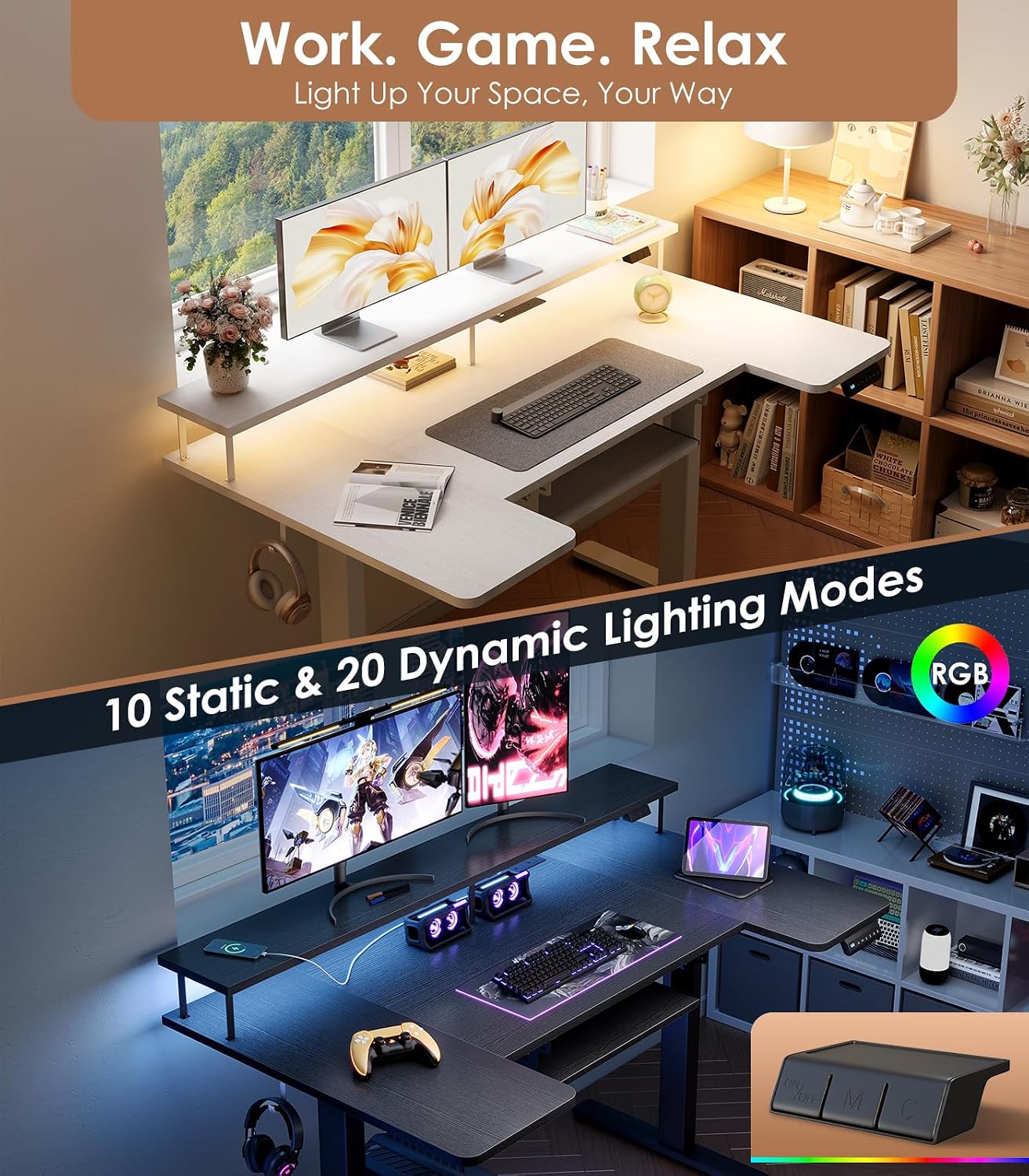 Thumbnail 4 de OffiGo Standing Desk 140cm U‑Shaped Height Adjustable Desk with Monitor Stand and RGB Lighting