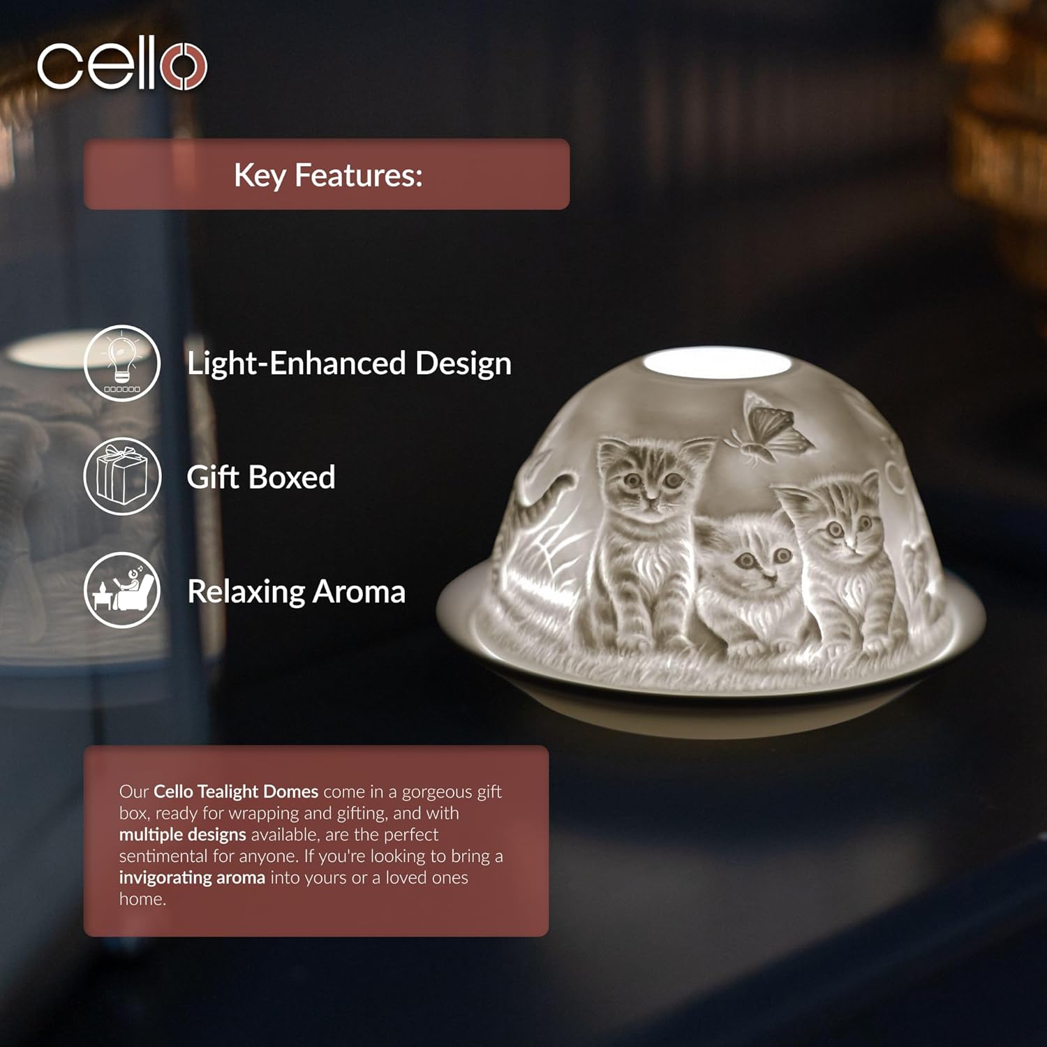 Thumbnail 4 de Cello Porzellankuppel Teelichthalter mit Kätzchenmotiv – Lithophan für 3D-Effekt