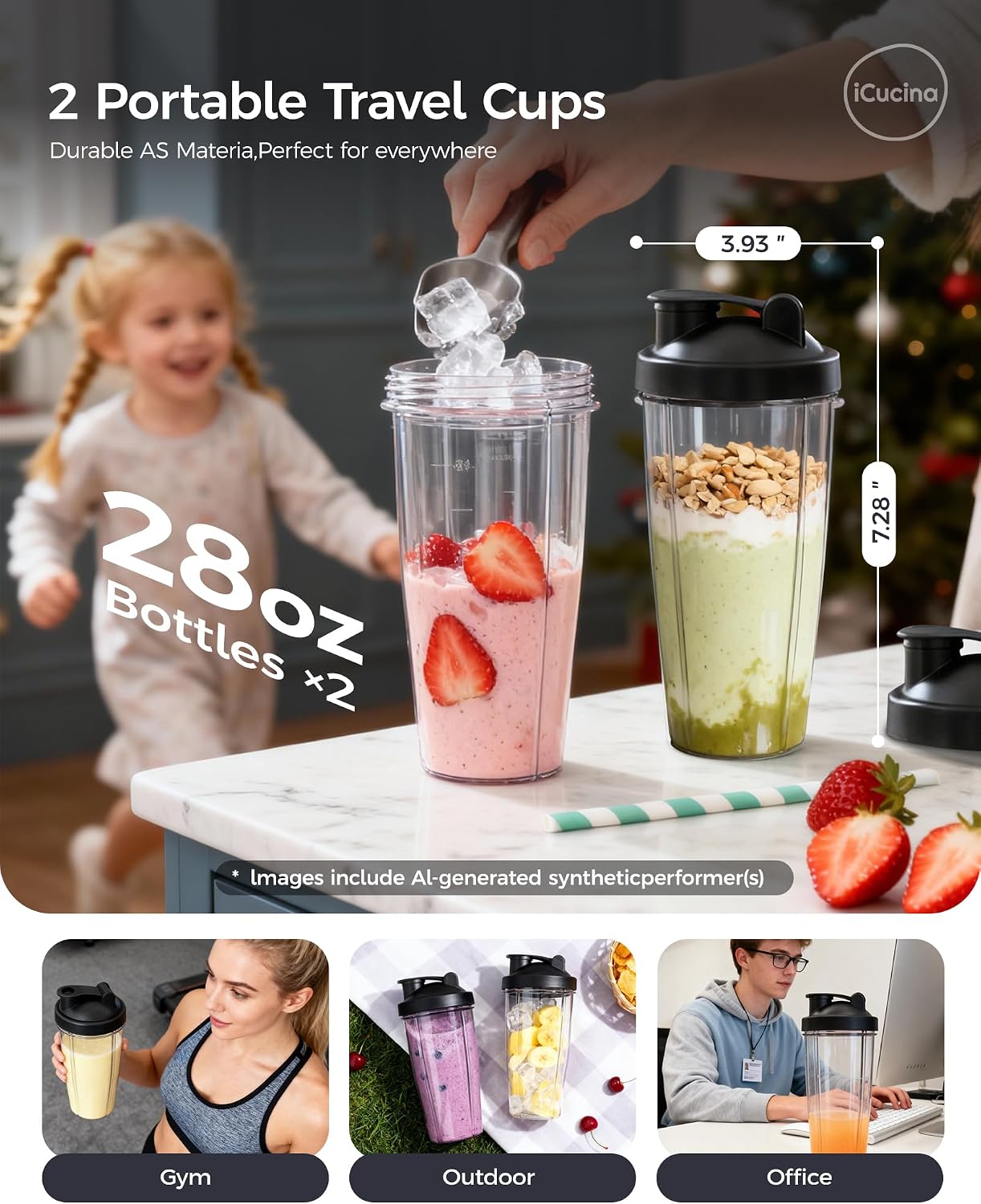 Detalle de iCucina Smoothie Blender (700W Pulse Technology) with 2 x 28oz Portable Cups for Smoothies