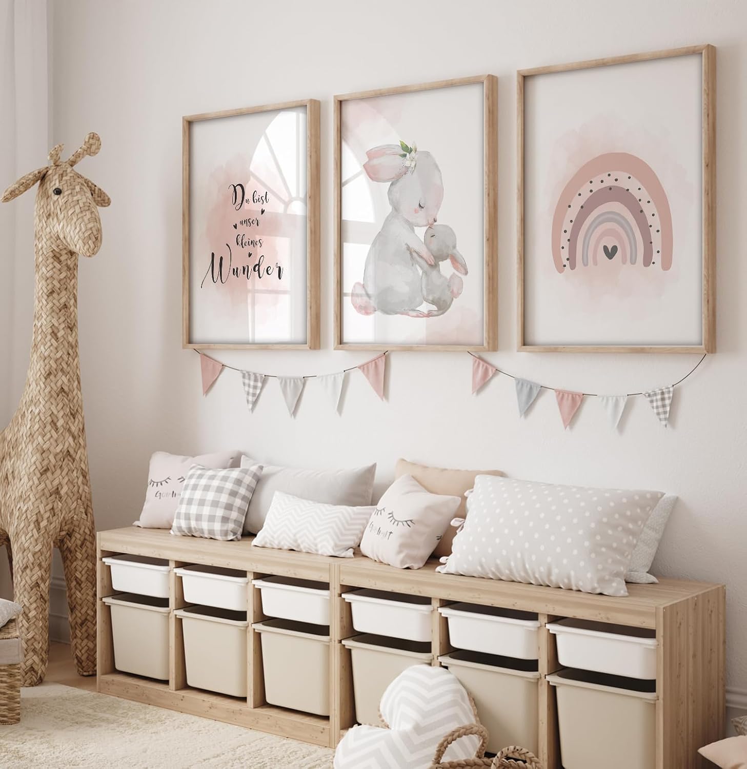 Thumbnail 6 de artpin® 3er-Set Poster Kinderzimmer Regenbogen Hasen A4 (ohne Rahmen) für Mädchen – Rosa/Grau