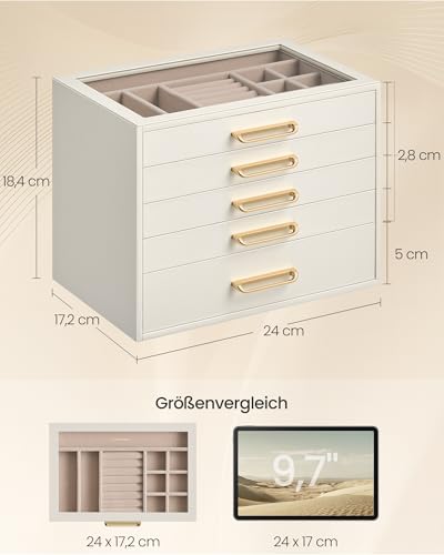 Detalle de SONGMICS Schmuckkästchen JBC205WD01 – 5 Ebenen, Glasdeckel, cremeweiß
