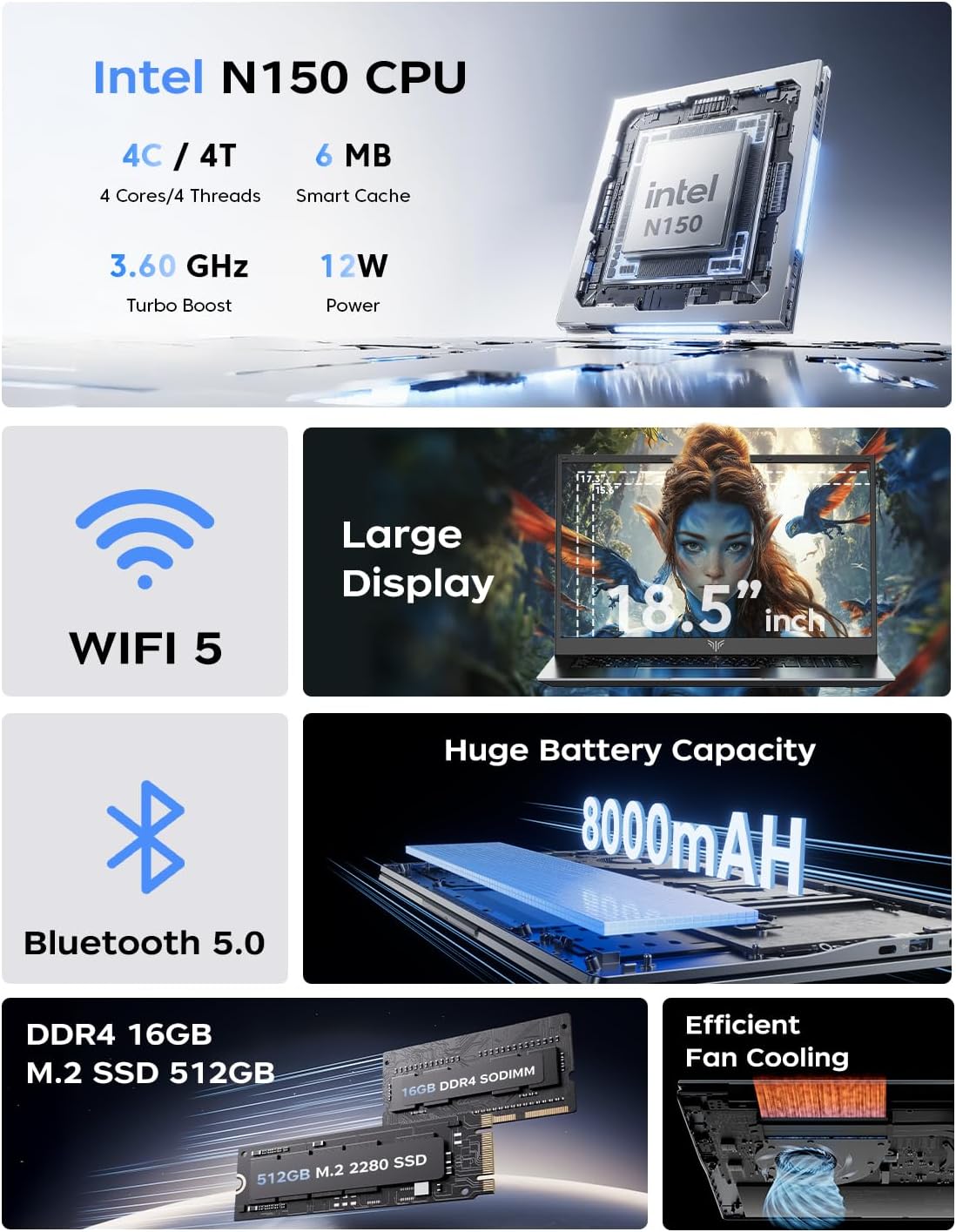 Thumbnail 1 de Tivique AX18 18,5" PC portable Full HD Quad-Core N150, 16 Go RAM et 512 Go SSD