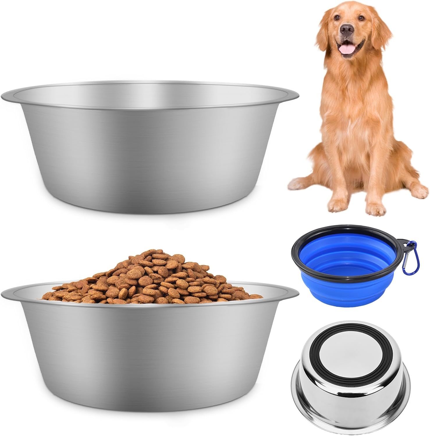 Detalle de ELISABE Stainless Steel Dog Bowls 2 Pack — Non-Slip, 1560ml, Includes Collapsible Bowl