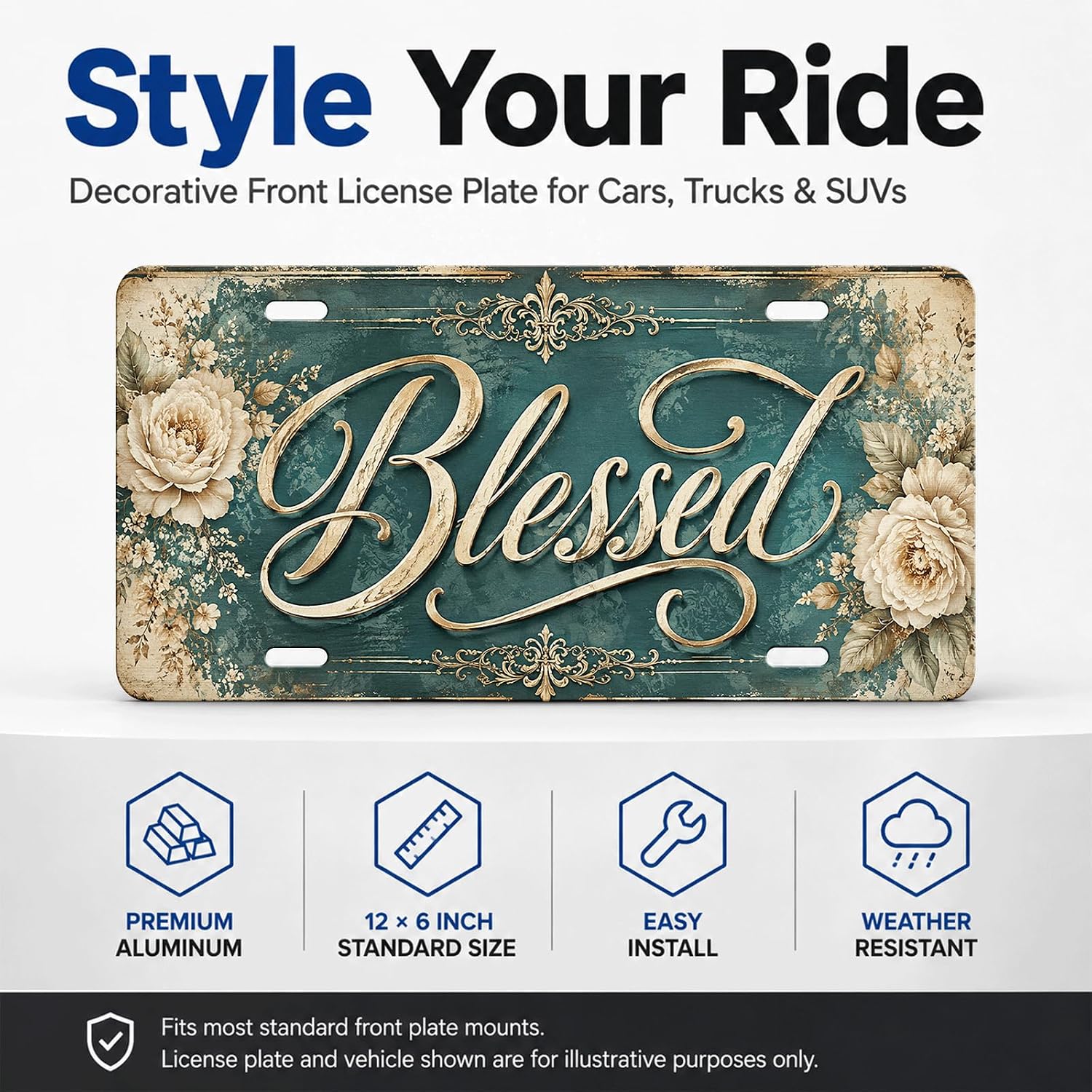 Detalle 2 de Blessed Floral Aluminum License Plate 6 x 12 Inch