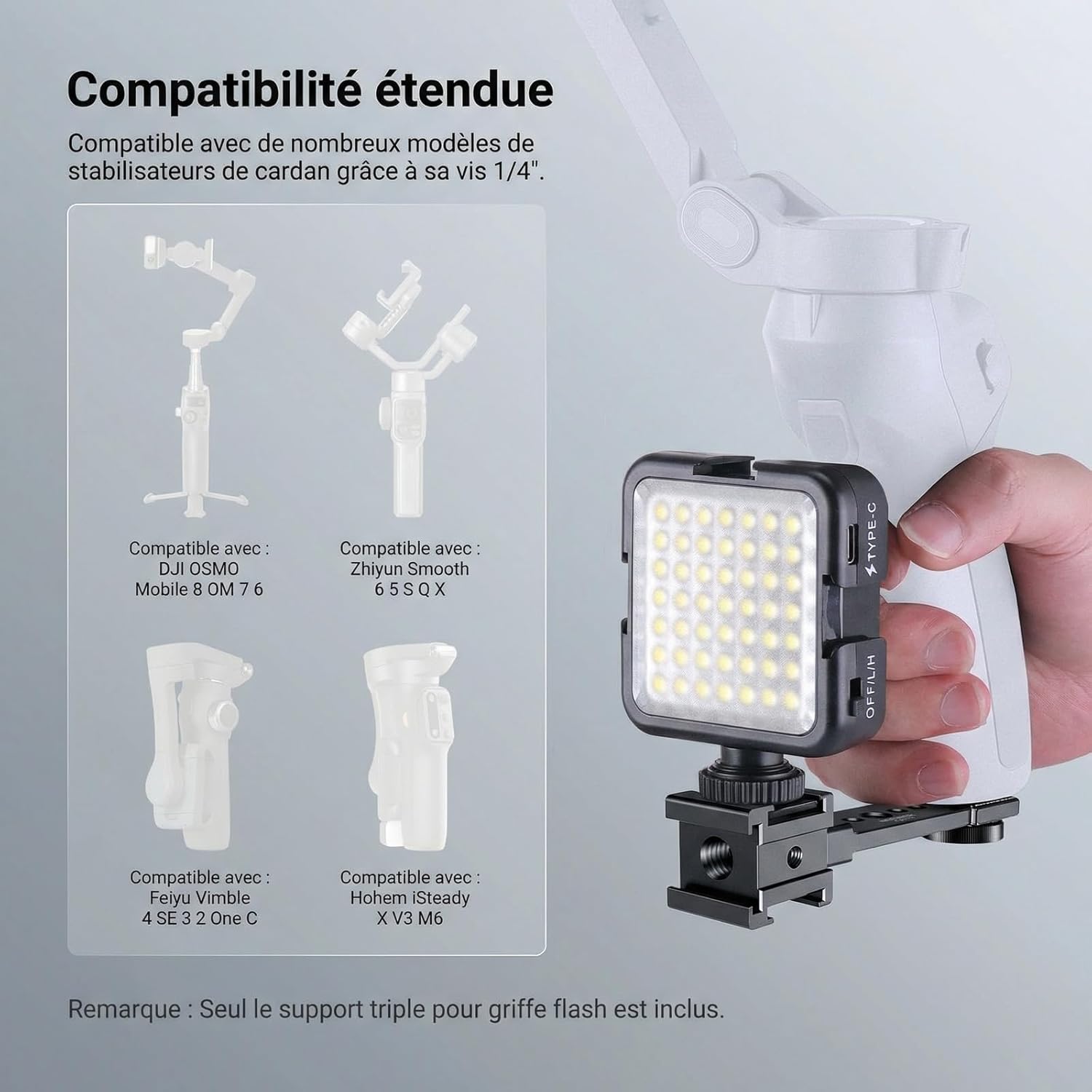 Thumbnail 2 de NEEWER Plaque de fixation triple à griffe flash avec LED et extension métallique (CA173) pour stabilisateurs