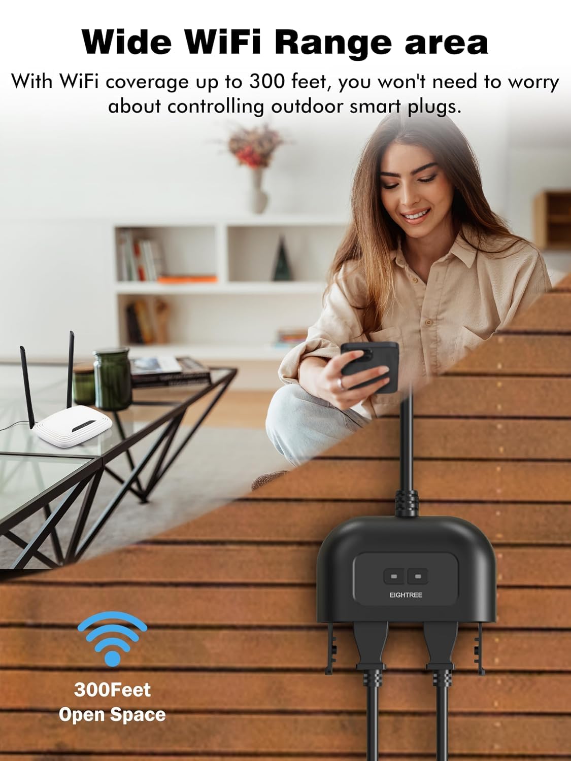 Detalle de EIGHTREE ET77 Outdoor Smart Plug, 15A, Dual Independent Outlets, IP44