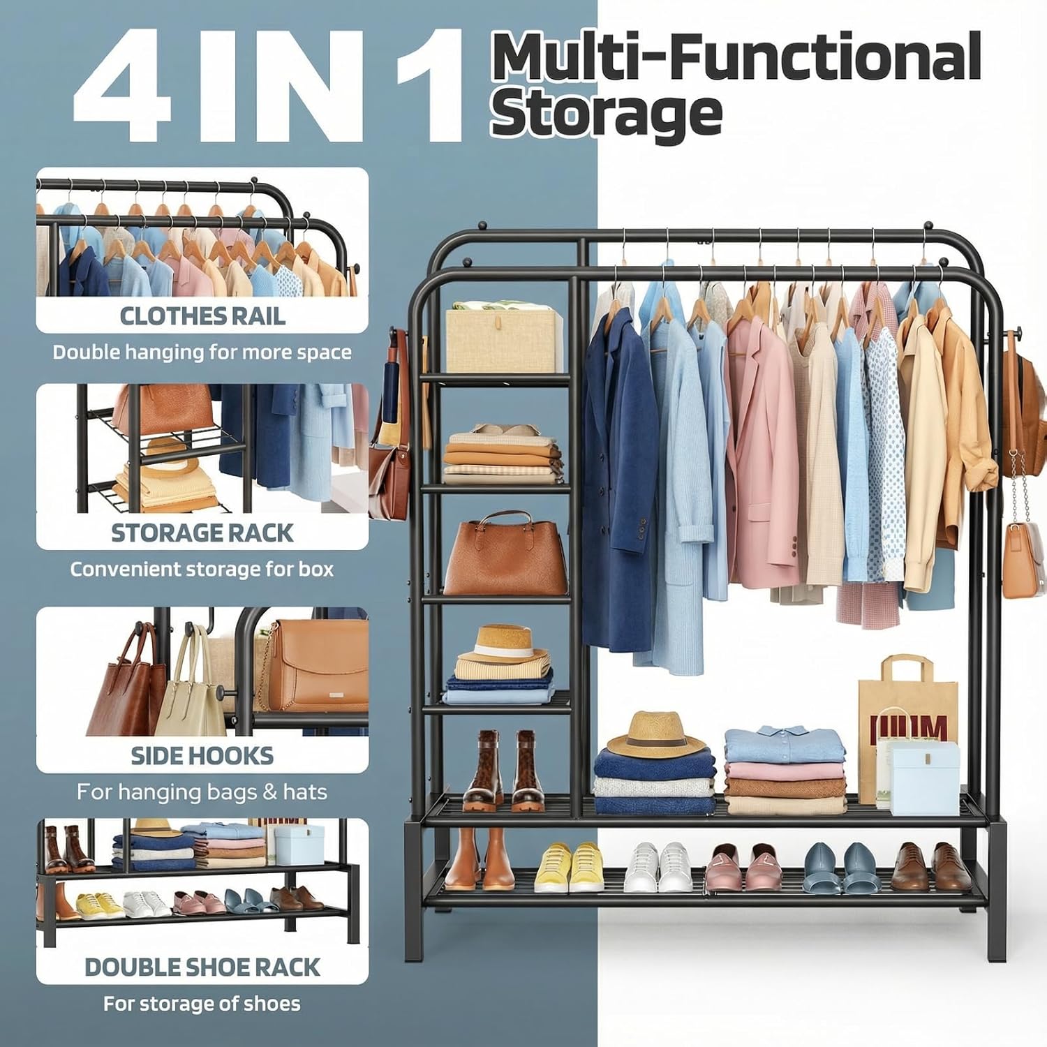 Thumbnail 2 de ZHKINGGS Clothes Rail for Bedroom – 100kg Freestanding Double Rack with Shelves & Coat Hooks