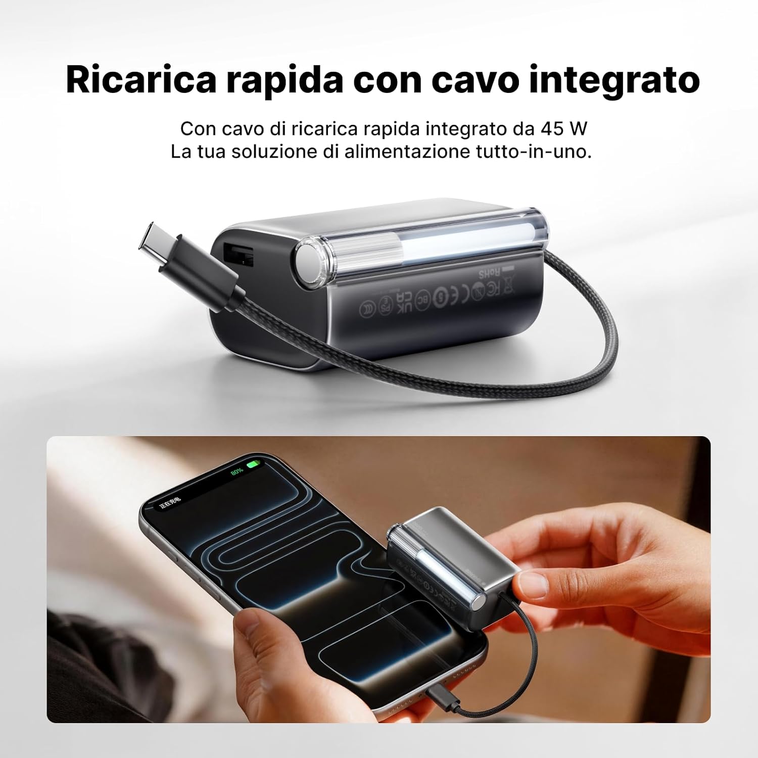 Detalle de sharge 45W Schnelllade Mini Powerbank 10000mAh: carica rapida e design compatto con cavo integrato