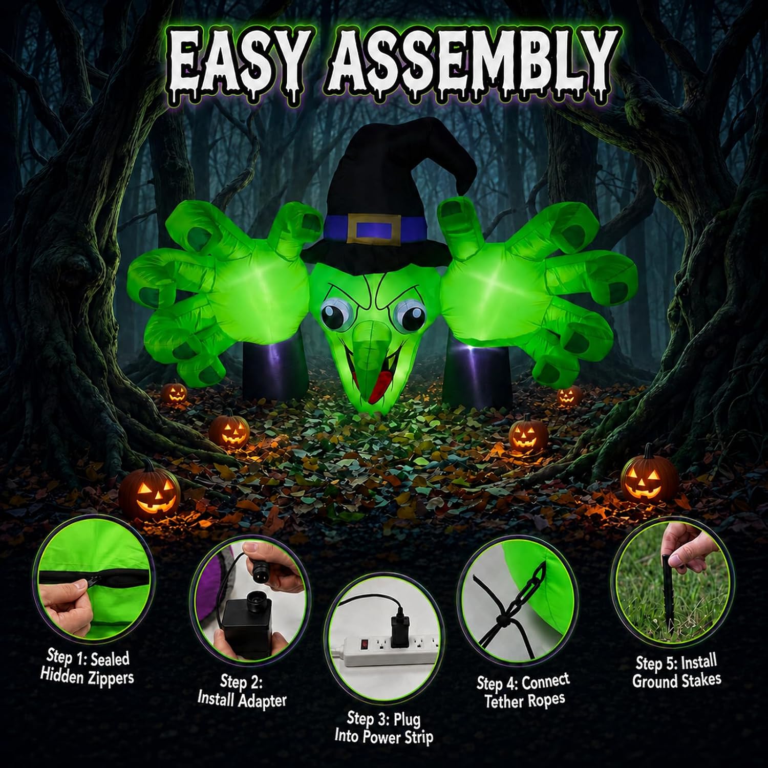 Detalle de enlik 6FT Halloween Inflatable Witch with LED Lights and Reaching Hands