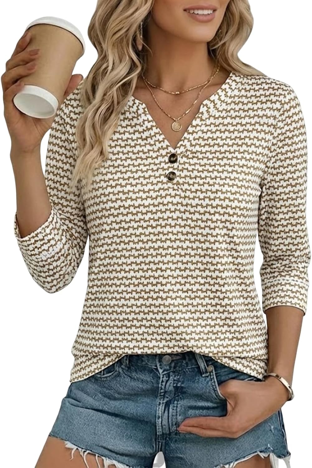 Thumbnail 5 de Cuptacc Damen Bluse mit V-Ausschnitt und 3/4-Ärmeln (Henley) im Boho-Look