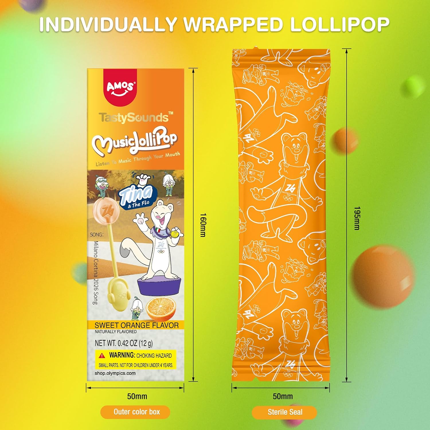 Detalle 2 de AMOS Musik-Lutscher Audio Lollipop (1 Stück, Orange) – zuckerfrei, glutenfrei, einzeln verpackt