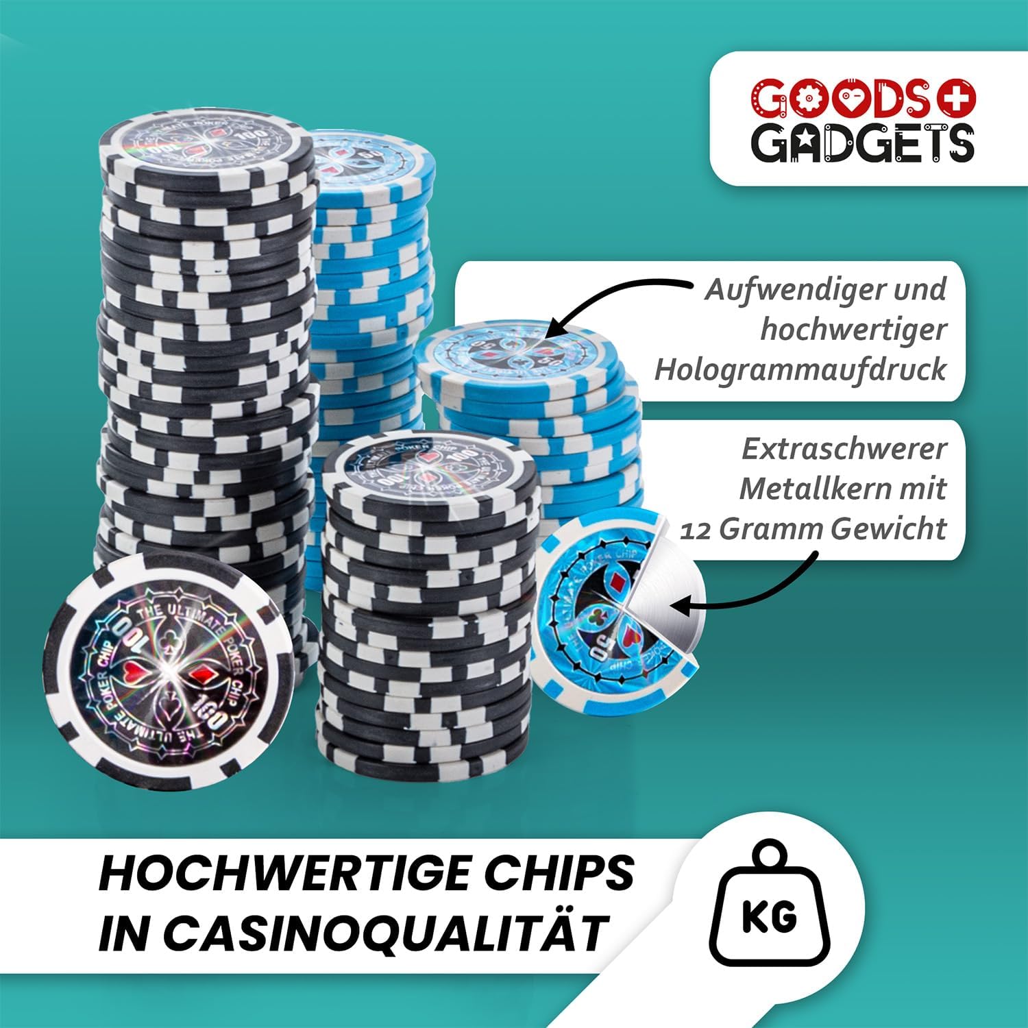 Detalle de GOODS+GADGETS Profi Pokerkoffer Pokerset 500 – hochwertiges Casino-Set mit Aluminiumkoffer