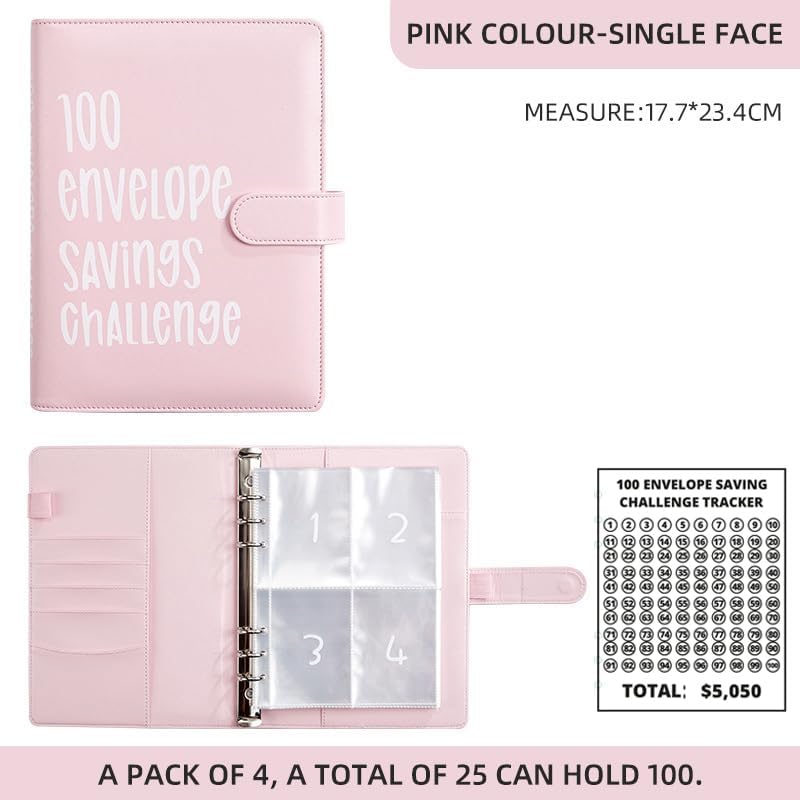 Detalle 2 de AASLOB 100 Envelope Challenge Binder, Pink PVC, 25 Pages, 100 Slots