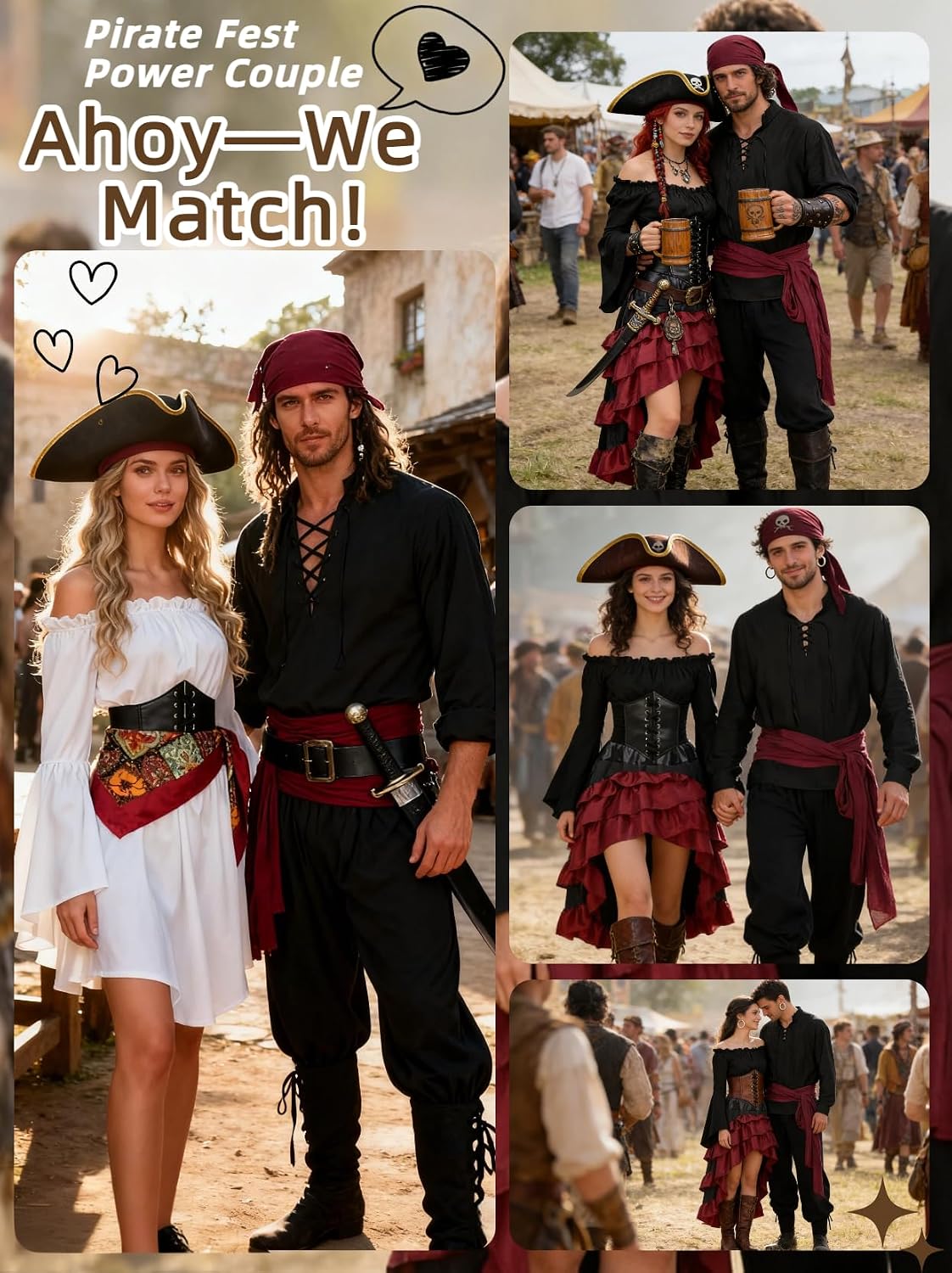 Detalle de Men's Pirate Renaissance Costume, 8-Piece Set with Lace-Up Shirt and Sash
