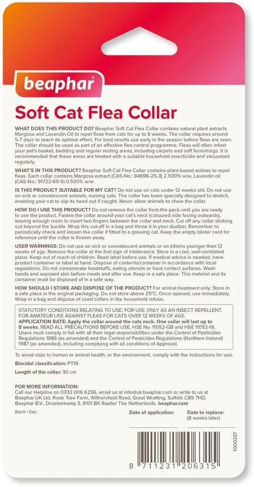 Detalle 2 de Beaphar Soft Flea Collar for Cats – 8 Weeks Flea Repellent, Adjustable Velvet Collar