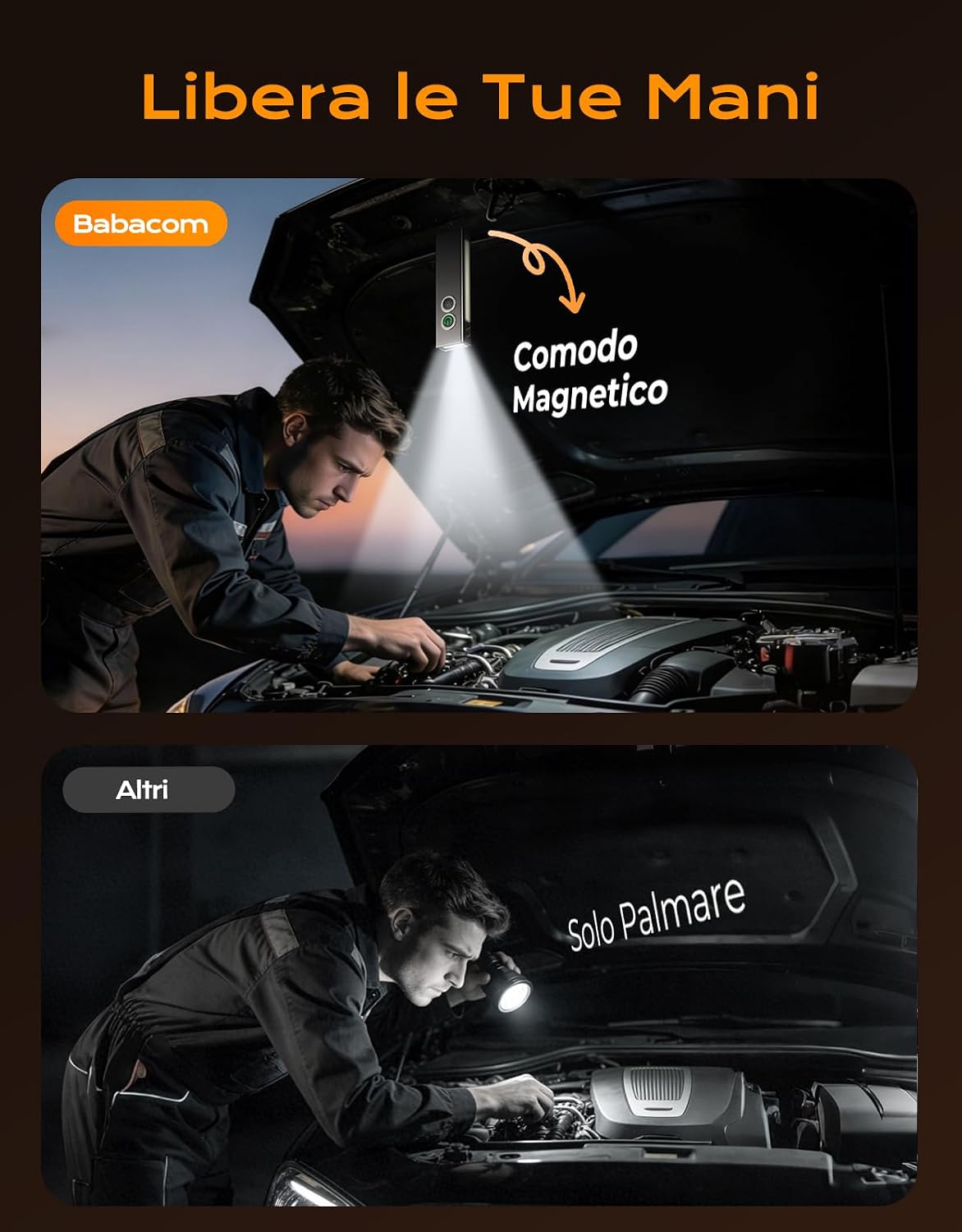 Detalle de Babacom 1300lm Torcia LED Ricaricabile: 7 Modalità, UV e COB, IP44, Base Magnetica