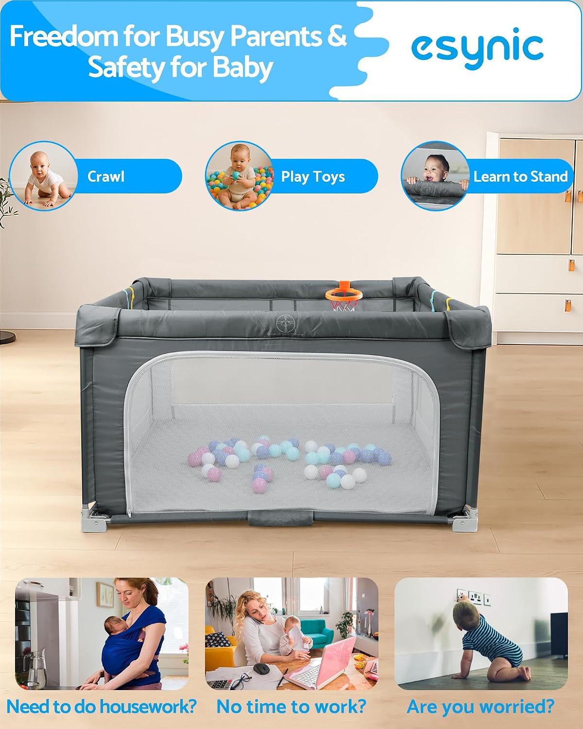 Thumbnail 6 de eSynic Large Foldable Baby Playpen (150 x 150cm) with Soft Mat, 50 Balls & Basketball Hoop