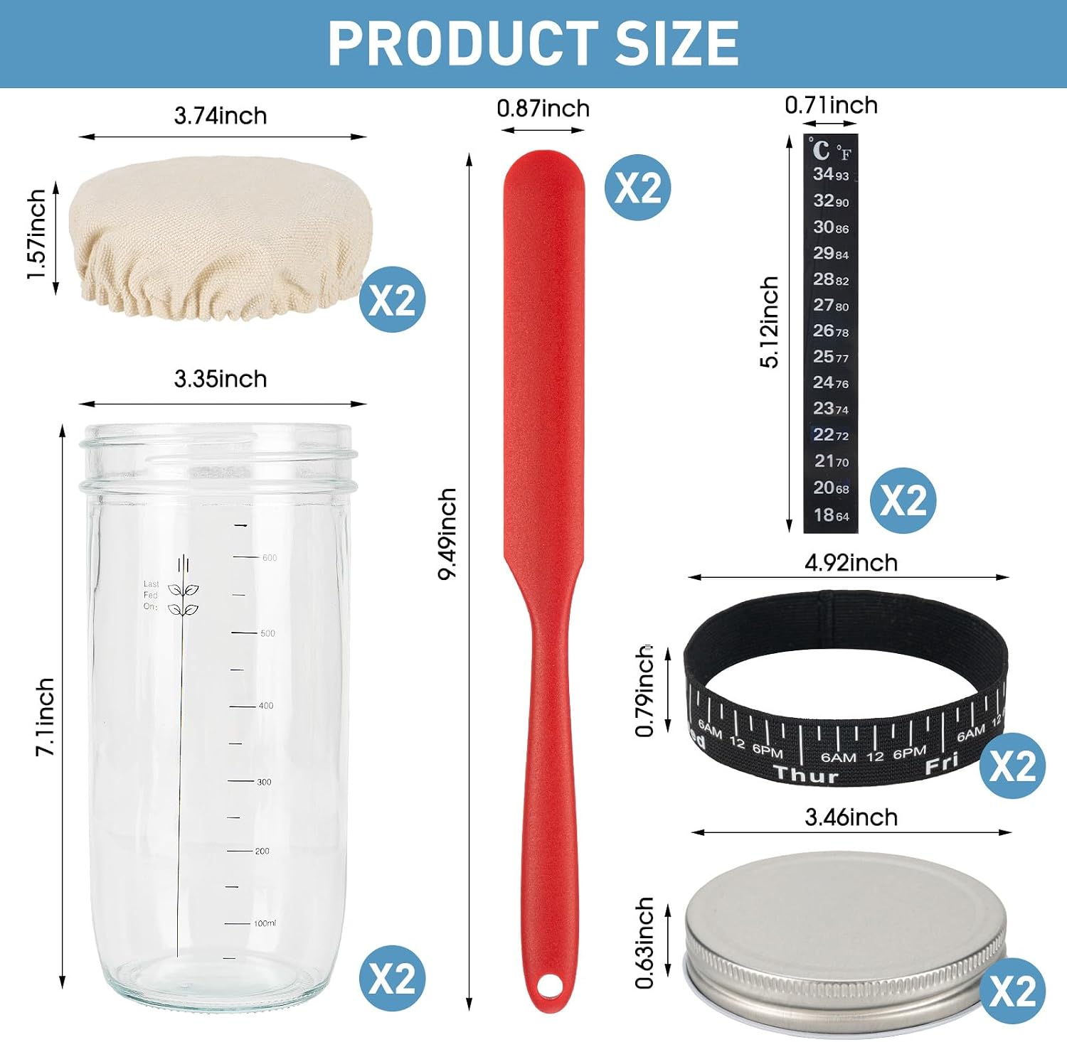 Detalle de 2-Pack Sourdough Starter Jar 730ml Kit – Glass Jars with Date & Temperature Tracking, Cloth Covers and Lids