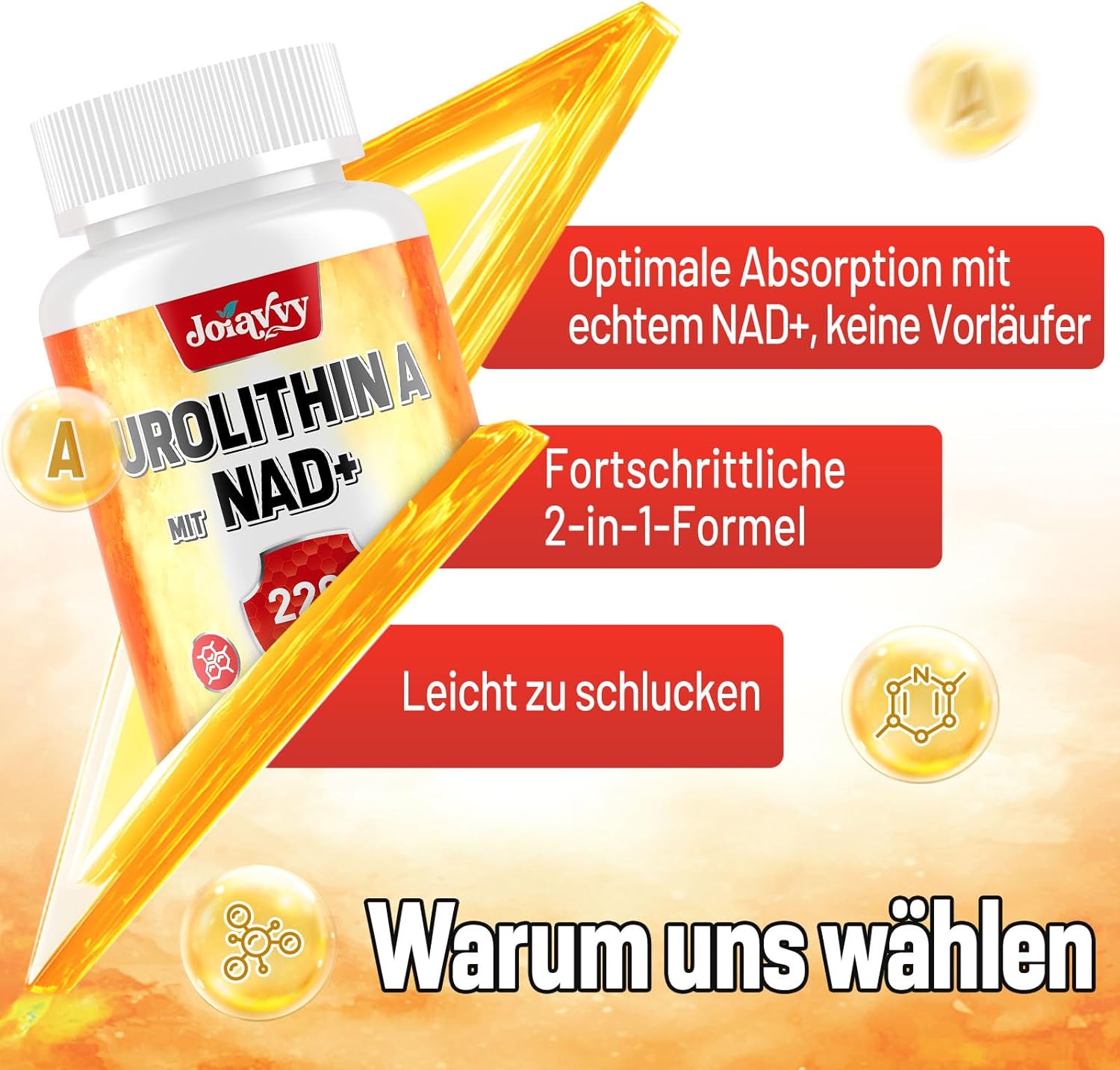 Detalle de Joiavvy Urolithine A Gélules 2000 mg par portion + NAD+ 200 mg – Complément mitochondrial 2 en 1