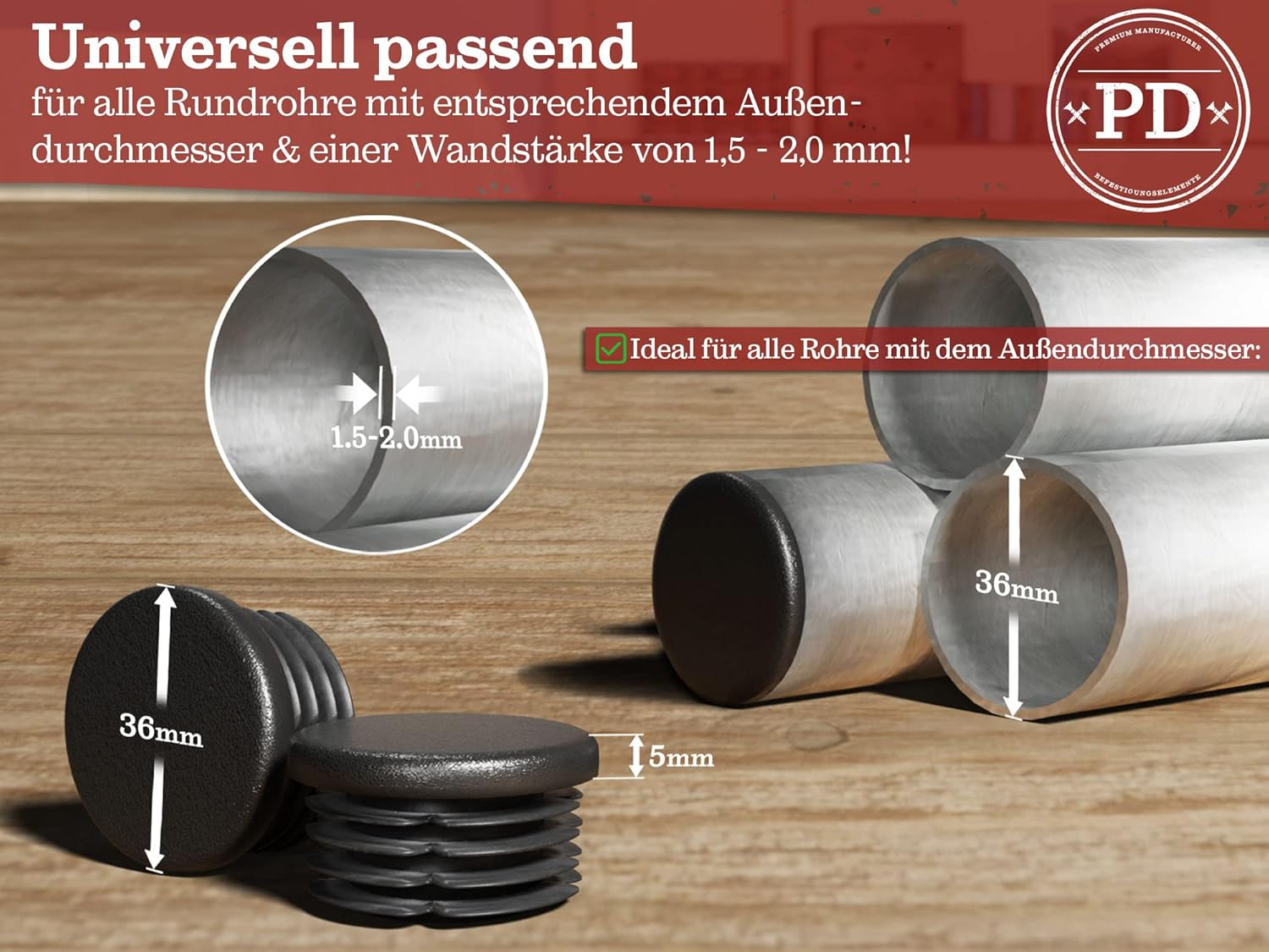 Thumbnail 1 de PD® Lamellenstopfen rund 36 mm für Rundrohr – Endkappen aus PE-Kunststoff, schwarz (20 Stück)