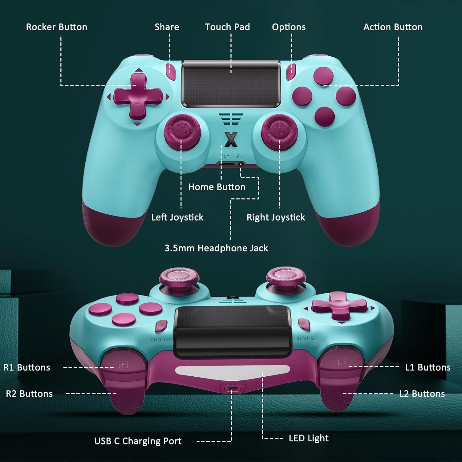 Thumbnail 6 de Glitfix Wireless Controller für PS4/Pro/Slim und PC – Bluetooth Gamepad mit Touchpad, Dual Vibration & 3,5 mm Audio