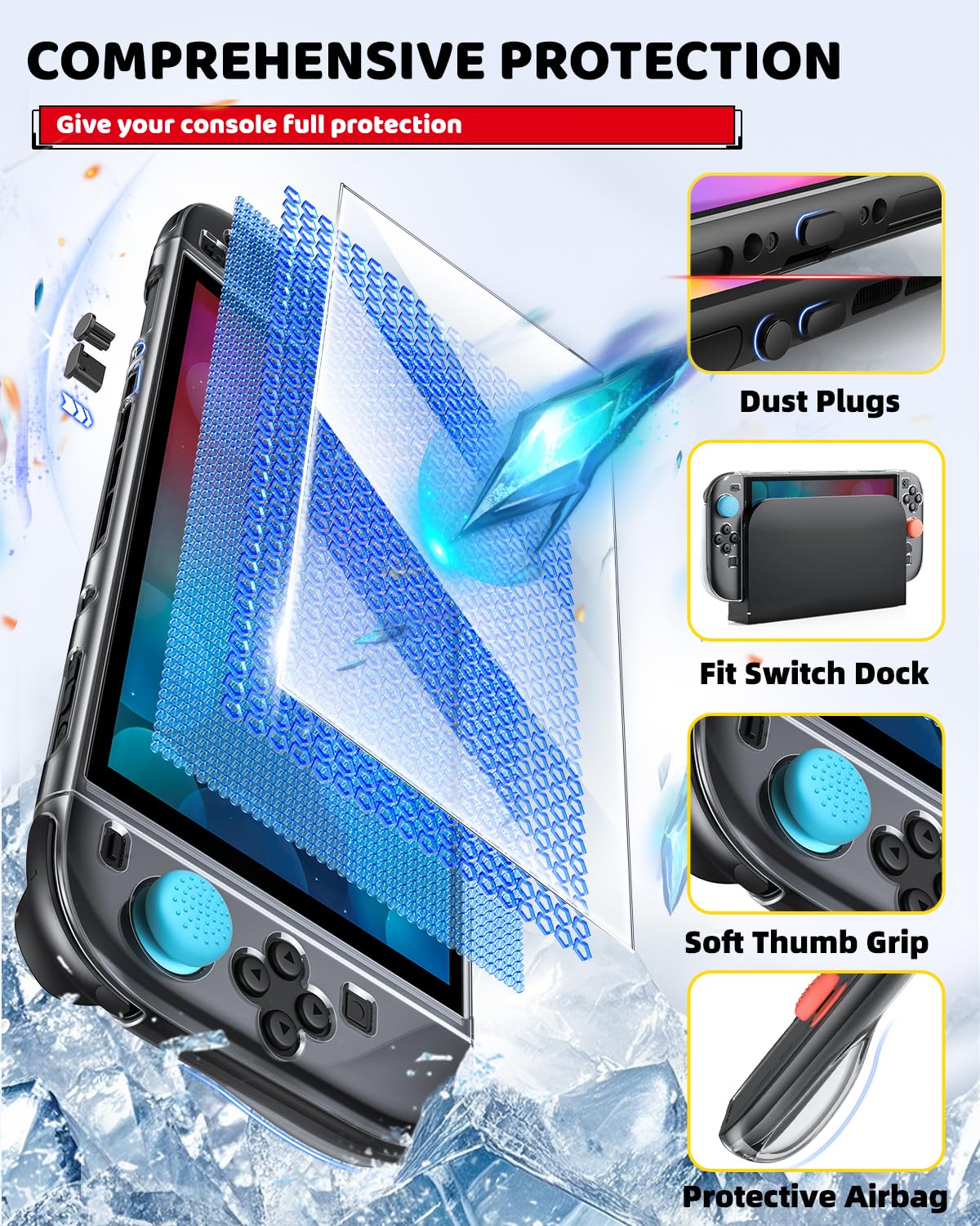 Detalle de Zubehör für Switch 2 (2025) – Slim Tragetasche mit 2 HD-Glasdisplay-Schutzfolien, Crystal Cover-Set, Staubstopfer-Kit und 4 Daumengriffe