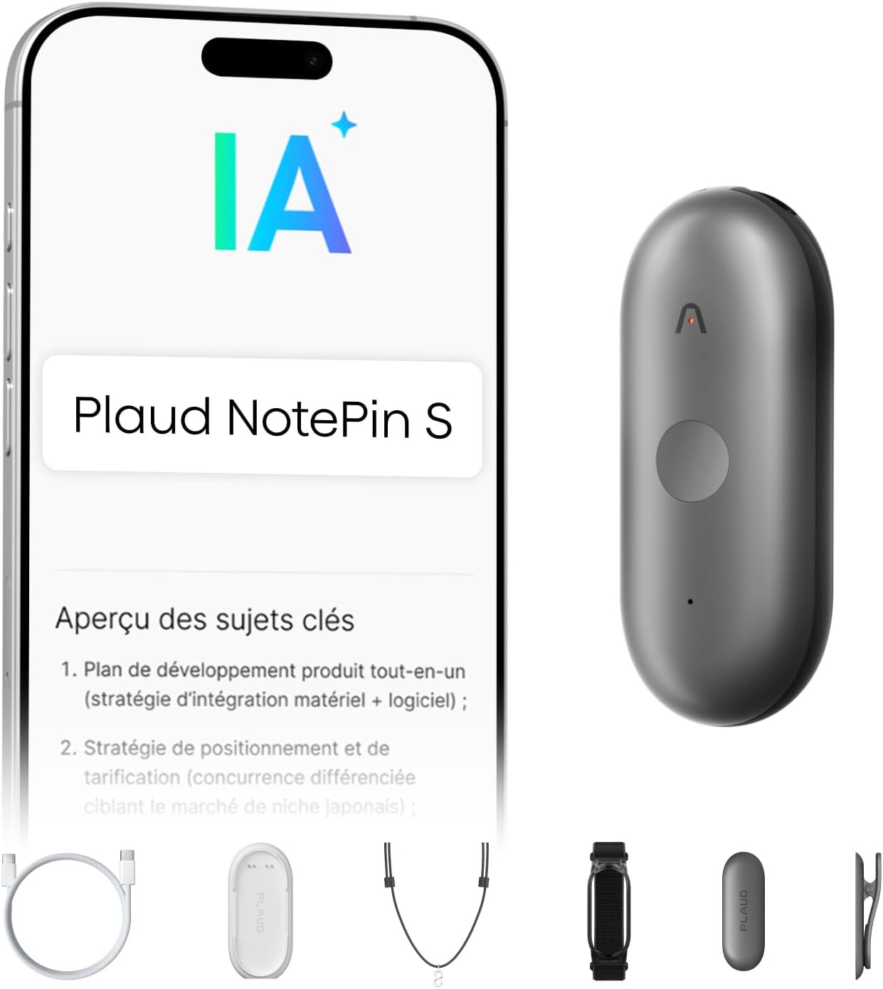 Plaud NotePin S – Dictaphone IA avec bouton tactile et transcription multilingue pour réunions et entretiens