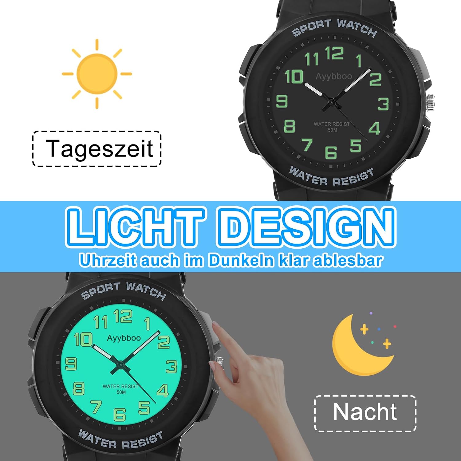 Detalle 2 de Ayybboo Analog Kinderuhr: 4–16 Jahre, wasserdicht, mit Leuchtzifferblatt