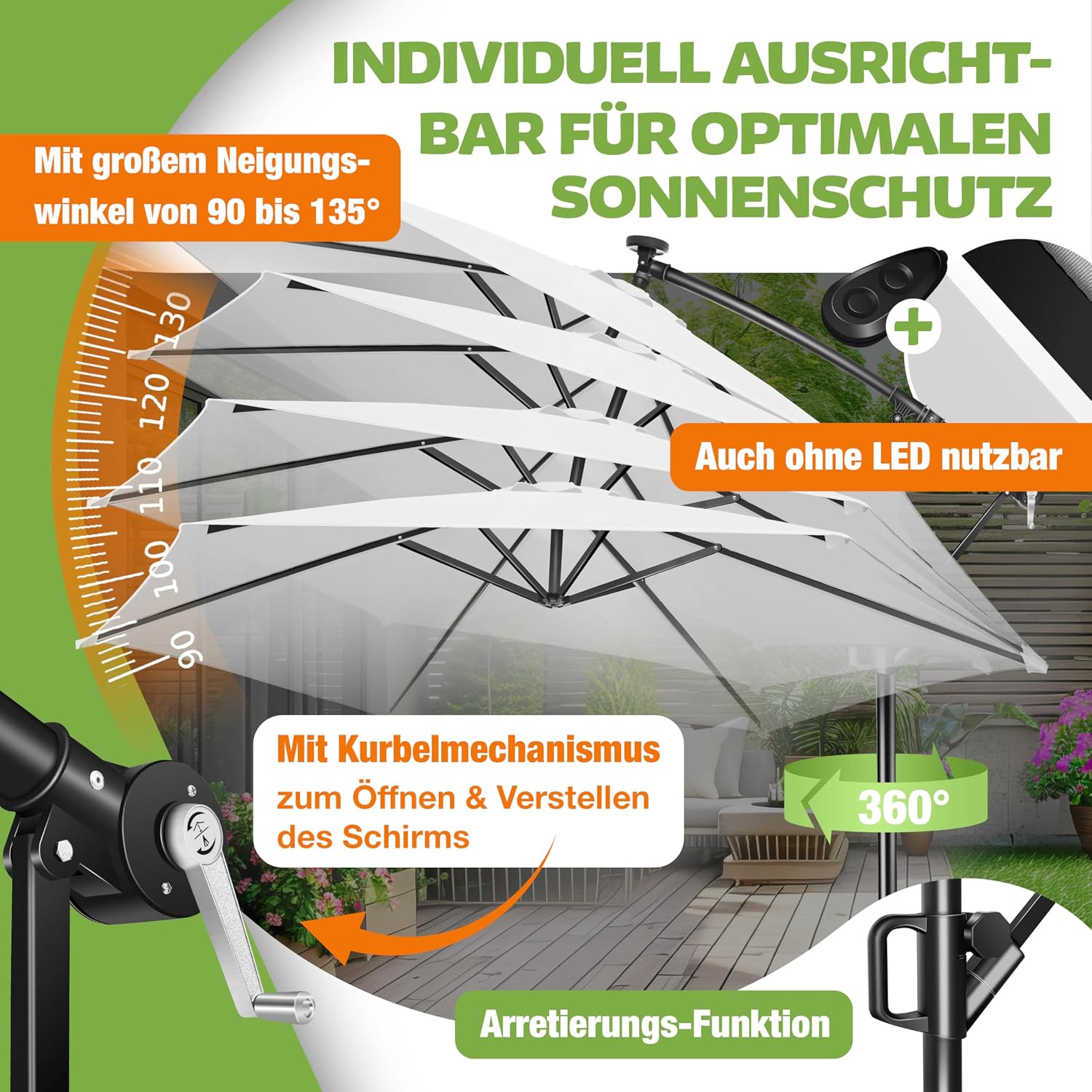 Detalle 1 de KESSER Sonnenschirm Solar Ø 300 cm/Ø 350 cm mit LED-Beleuchtung – Kurbelmechanik, Alu-Gestell, mit Abdeckung