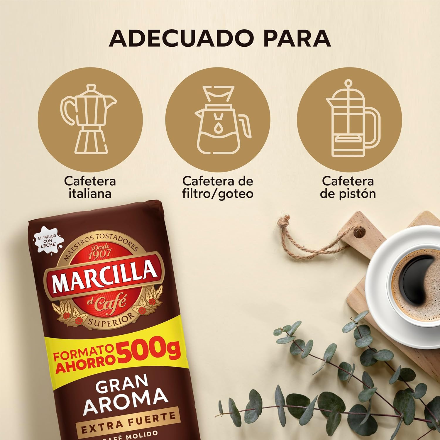 Detalle de Marcilla Café Molido Extra Fuerte 500 g, Intensidad 12. Ideal para cafetera italiana, filtro o pistón