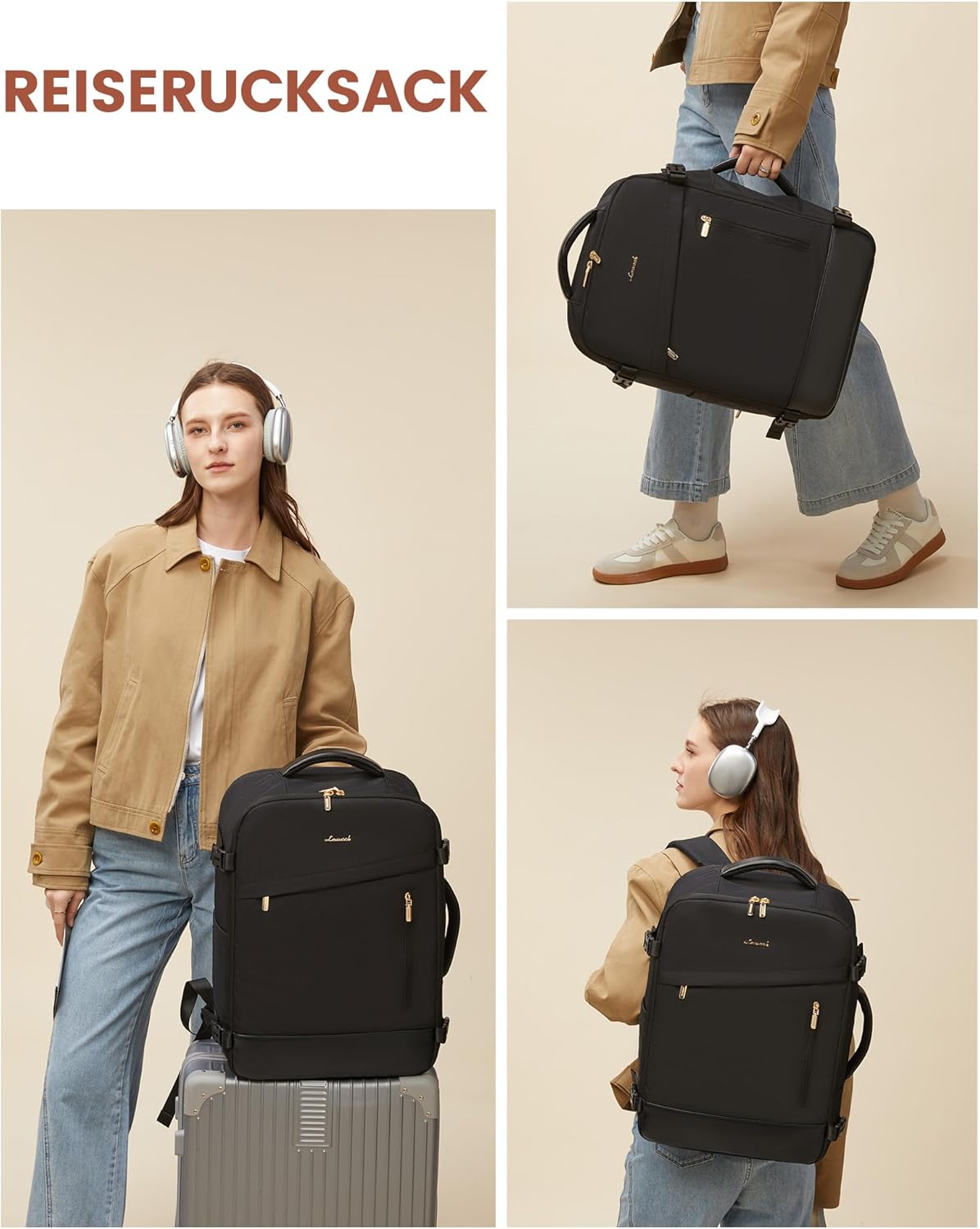 Detalle 2 de LOVEVOOK Handgepäck-Rucksack 50L (18 Zoll) – erweiterbar, wasserabweisend und als Cabin Bag nutzbar
