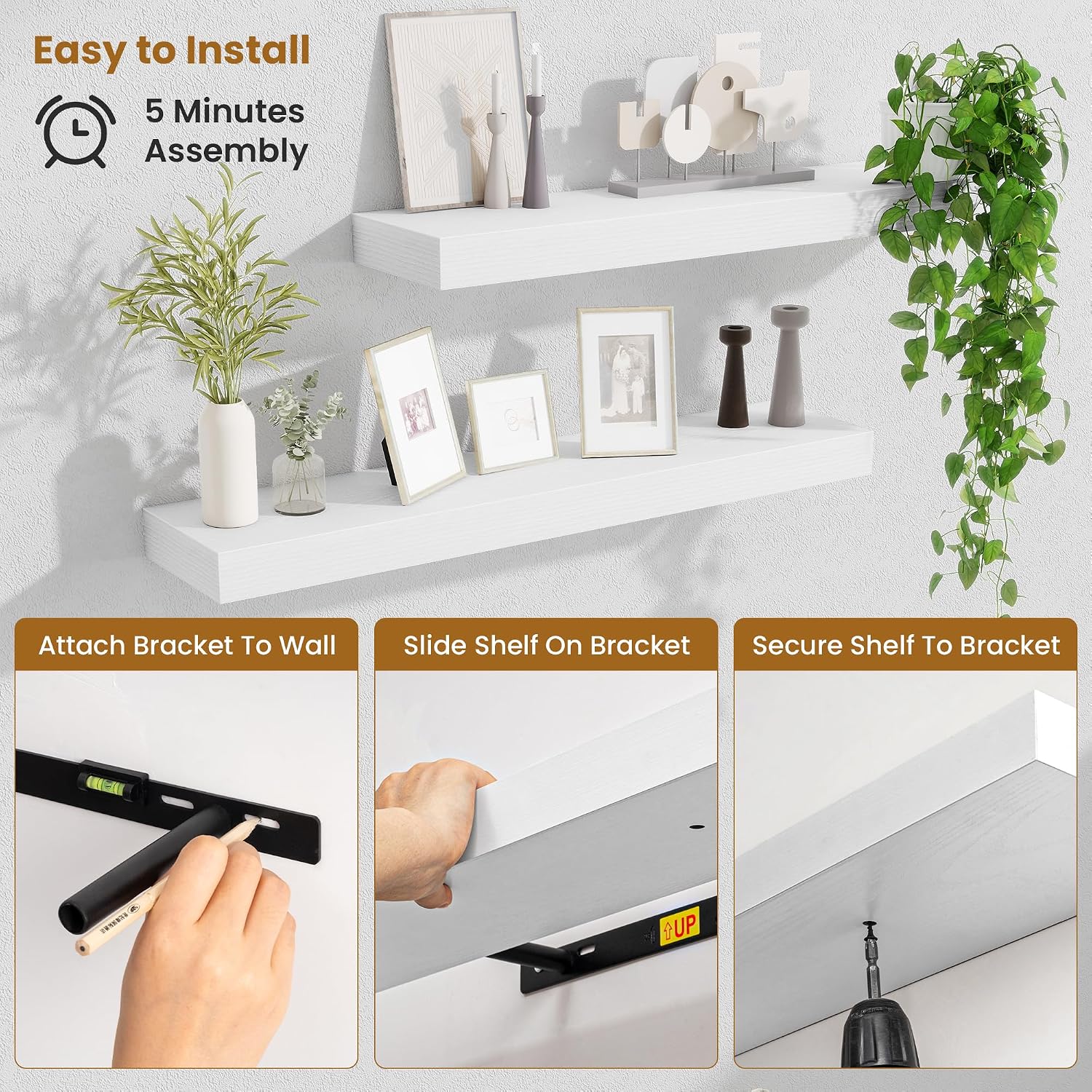 Detalle de Fun Memories Rustic Floating Shelves, 30-Inch White Set of 2