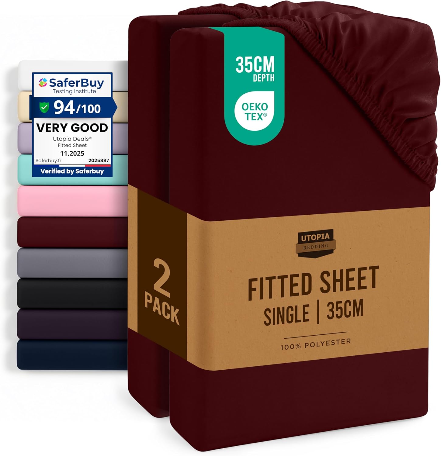 Detalle de Utopia Bedding Fitted Sheet Single 14 inch, Burgundy