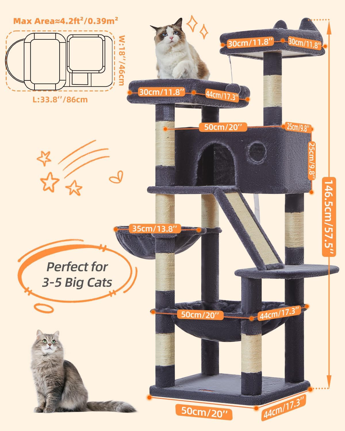 Thumbnail 1 de Taoqimiao Cat Tree 146cm: Multi-level Indoor Cat Tower with 8 Sisal Posts and Dual Top Perches