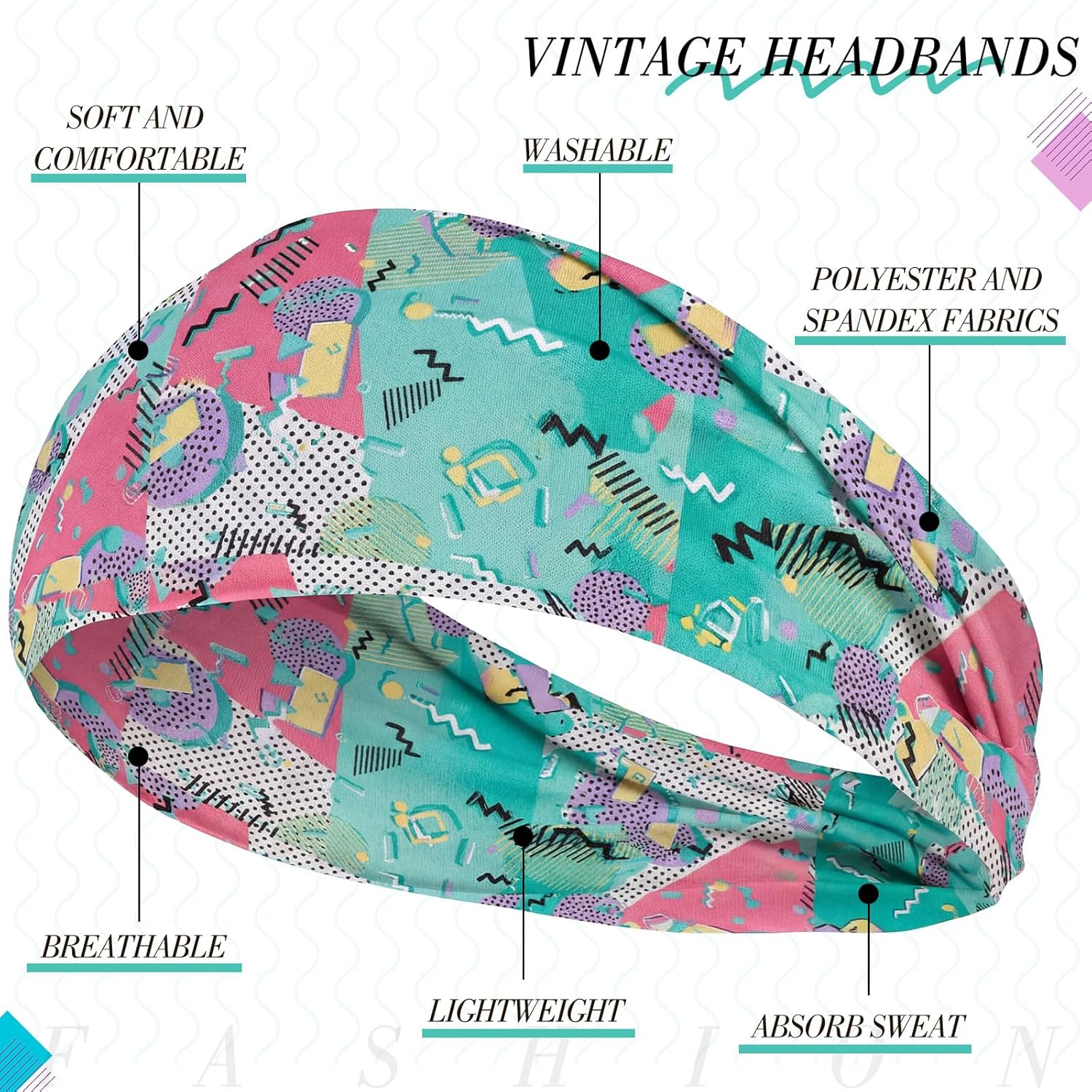 Detalle de obeoby 8 Pack Neon 80s Print Headbands for Rave Outfits — Retro Style for Women