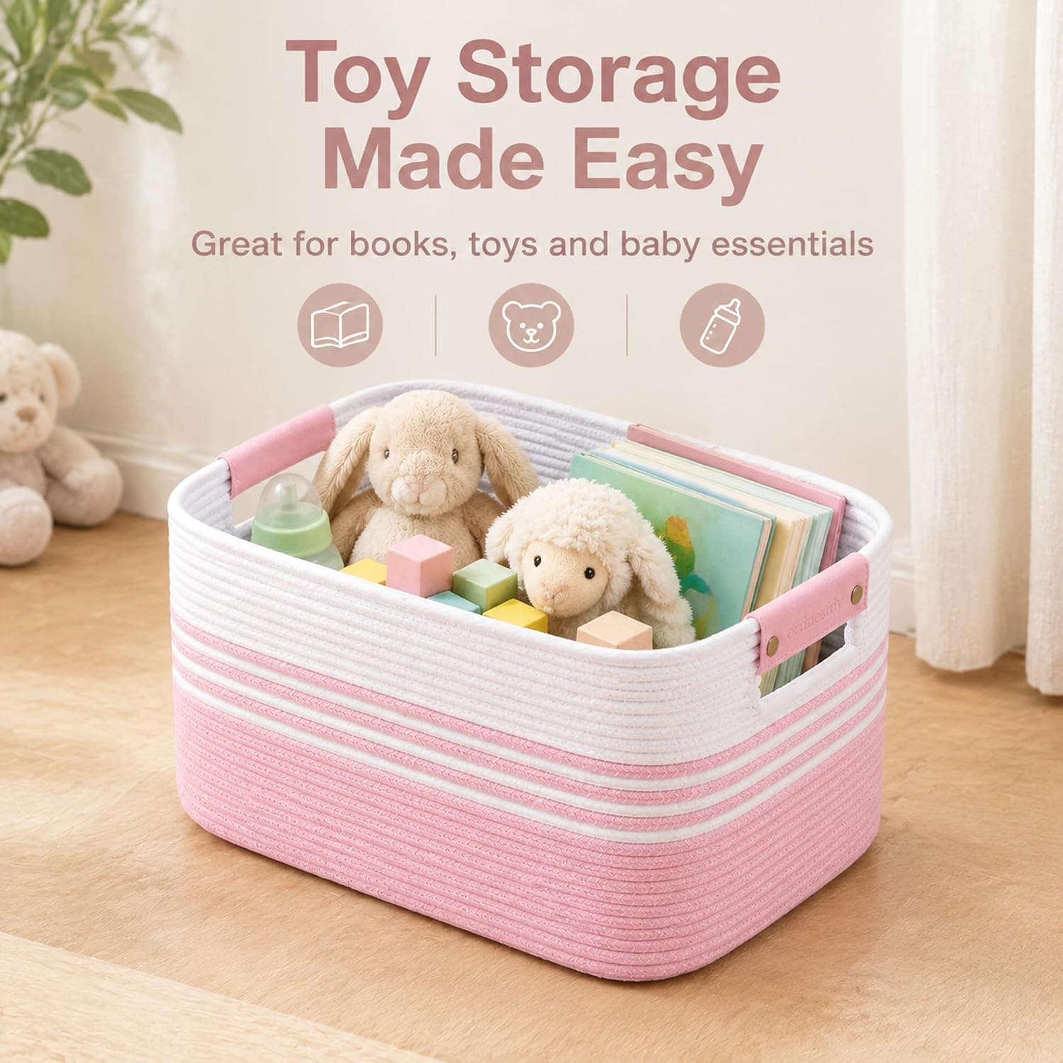 Detalle 2 de ordnestidy 12.8GAL Cotton Rope Storage Basket, White Pink