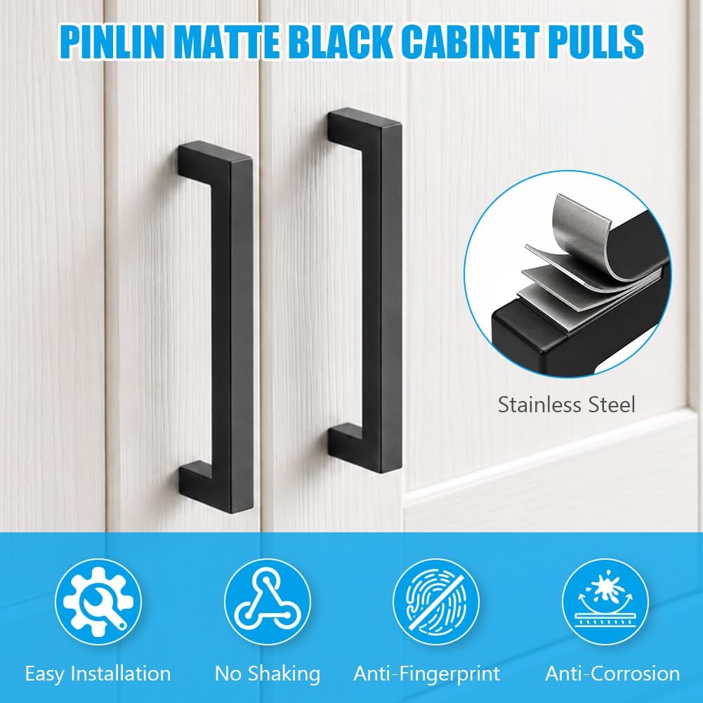 Detalle de AOOWU 8065345 Black Stainless Steel Cupboard Handles, 128mm Centres, 5 Pack