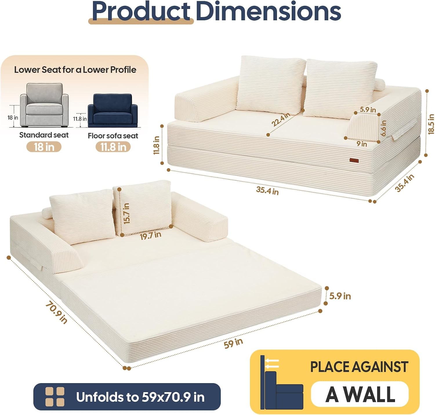 Detalle 2 de COMAX Convertible Sofa Bed (Corduroy Beige) – Folding Floor Couch Bed Futon Sleeper w/ Pillows