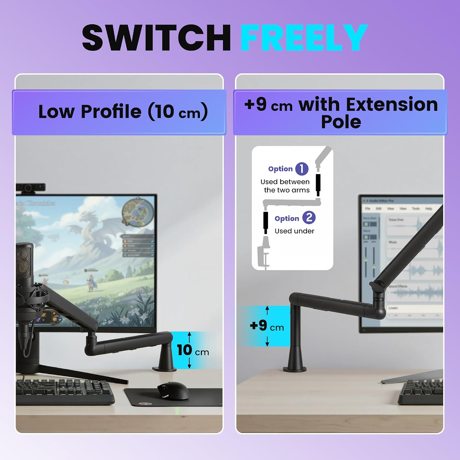 Detalle 2 de CAHAYA Asta Microfono Low Profile: braccio in alluminio per streaming, podcast e registrazione