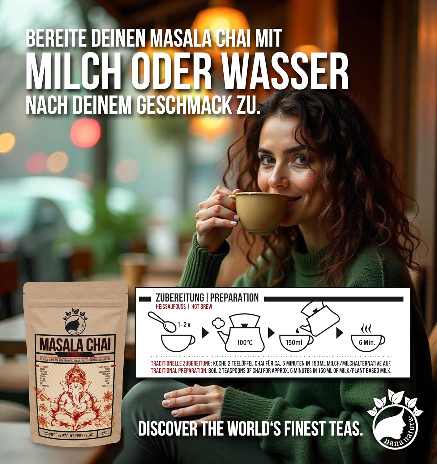 Detalle de NanaNatura’s MASALA CHAI TEE (250 g) – indischer Schwarztee mit Gewürzmischung für Chaitee, Chai-Latte und Iced Chai