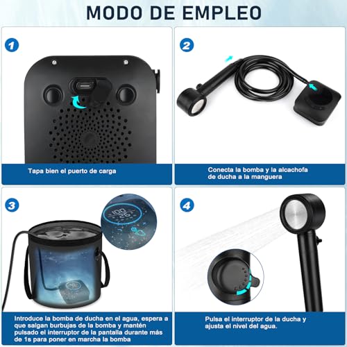 Detalle de Spopal Ducha Portátil para Camping 8000mAh: autonomía, filtros y 5 niveles de caudal