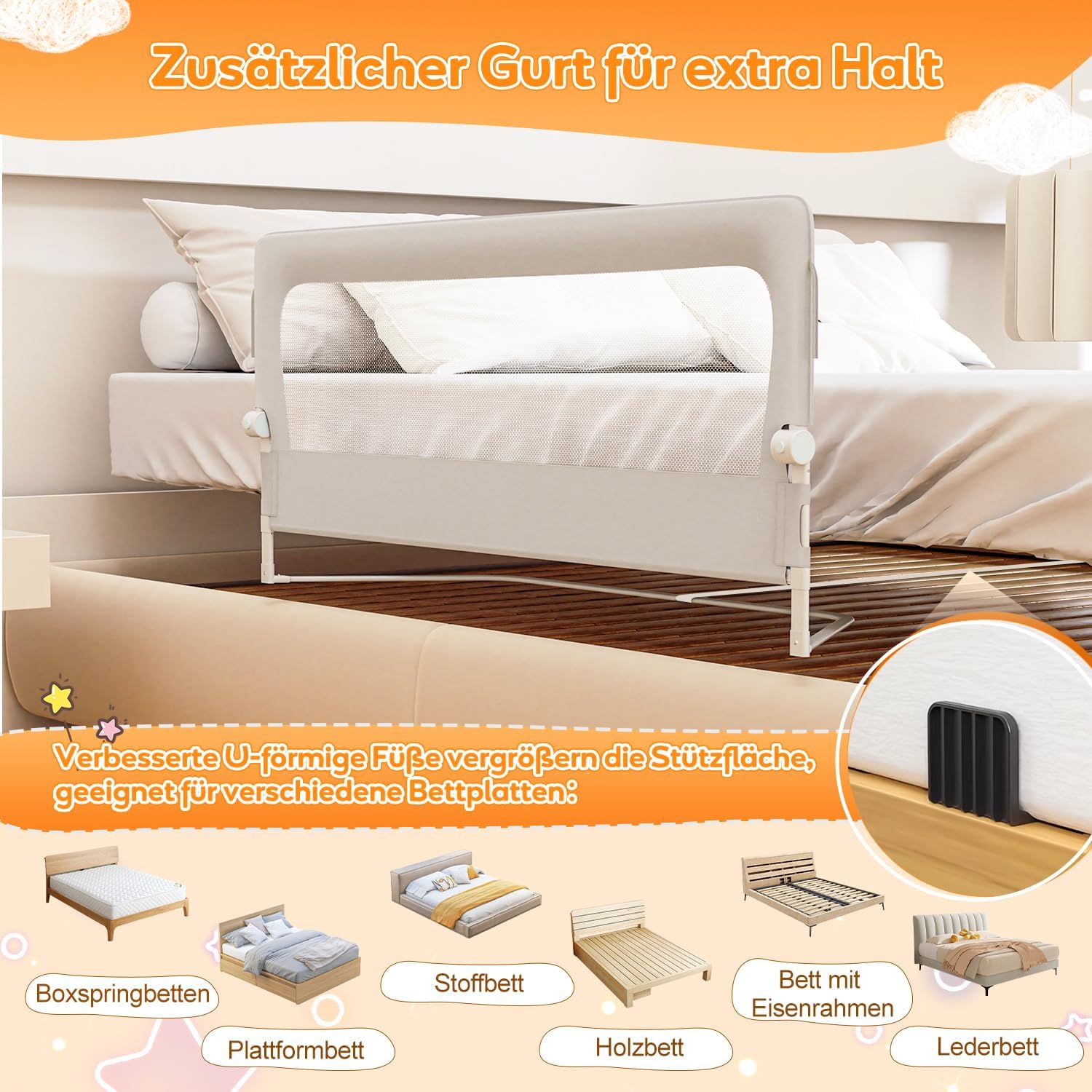 Thumbnail 4 de Ikodm Rausfallschutz Bett für Boxspringbett 180 cm – höhenverstellbar 72–86 cm, 180° klappbar, luftiges Netz, einfache Montage, Grau